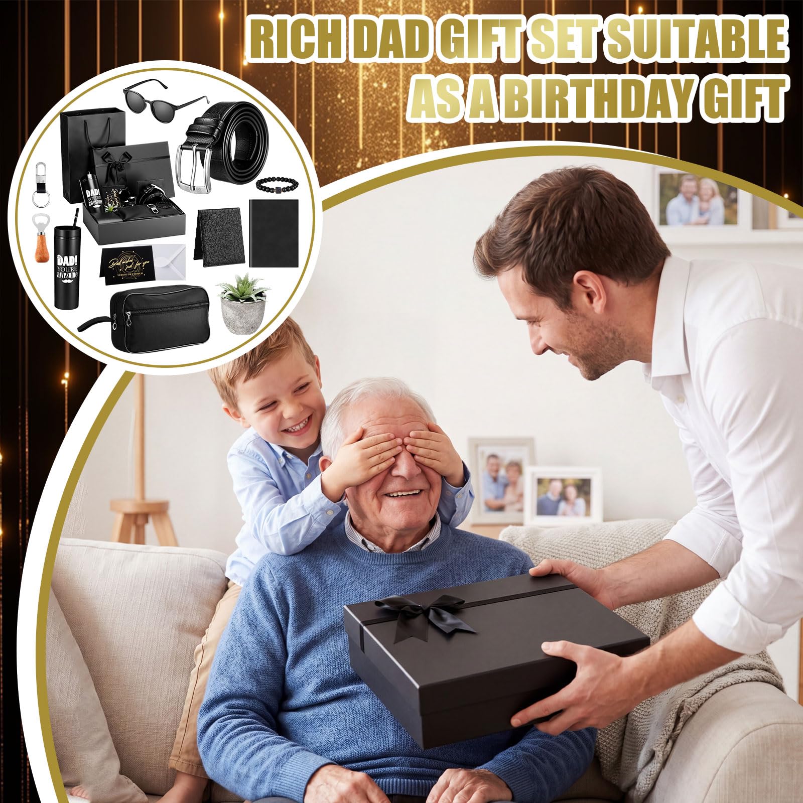 Skylety Juego de 12 cestas de regalo para el padre para hombres, juego de regalo de cumpleaños de 16 onzas, billetera, bolsa de aseo, cuaderno, cinturón, regalo de agradecimiento para él, papá, marido
