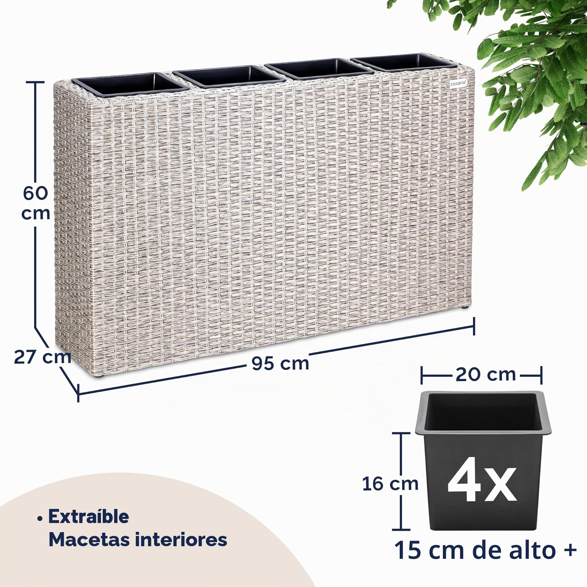 CASARIA Macetero de Poliratán para Exterior jardín 4 Macetas Drenaje de Agua 95 x 27 x 60 cm Jardinera Crema