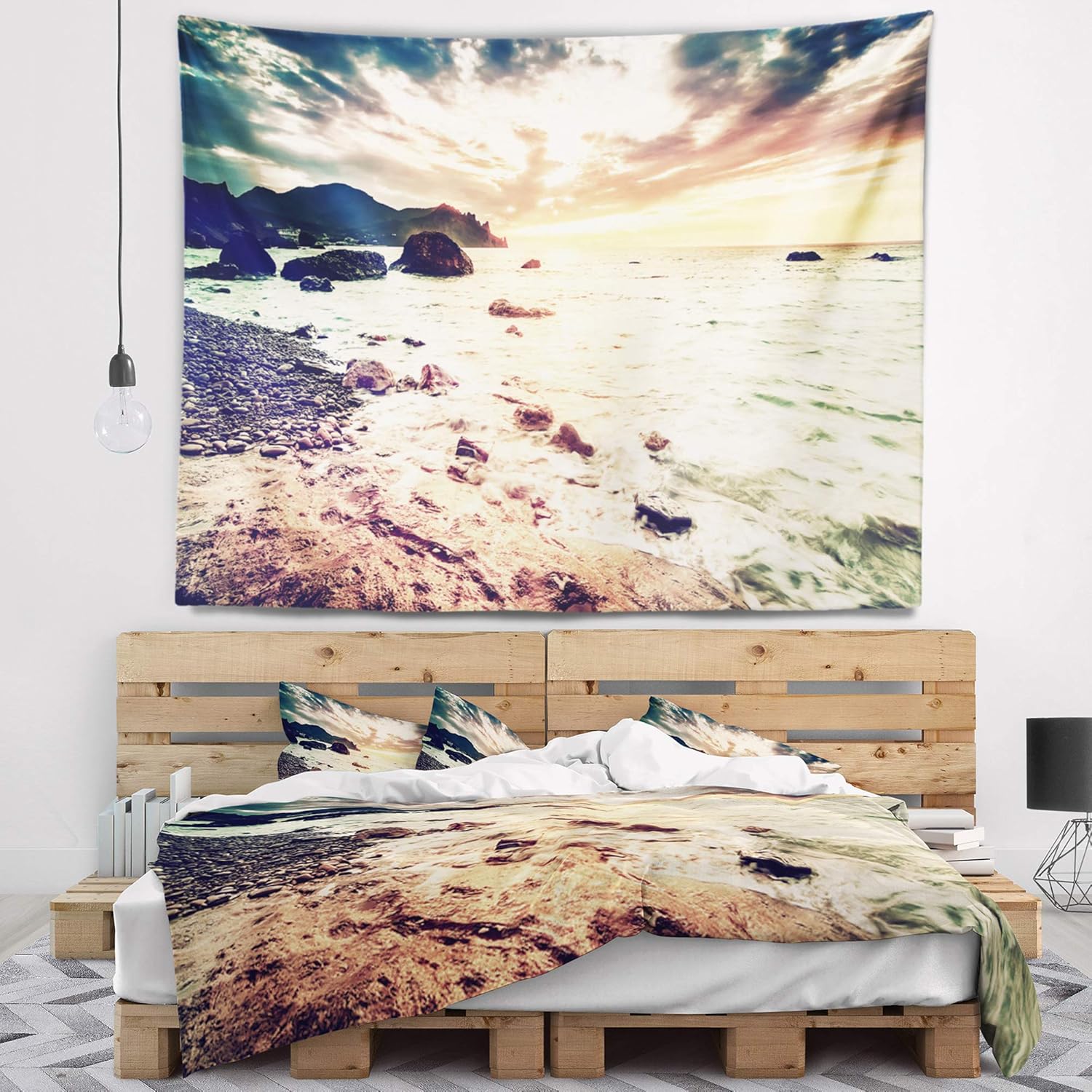Designart ' Summer Seascape with Scenic View' Seashore Tapestry Blanket Décor Wall Art for Home and Office Medium: 39" x 32"