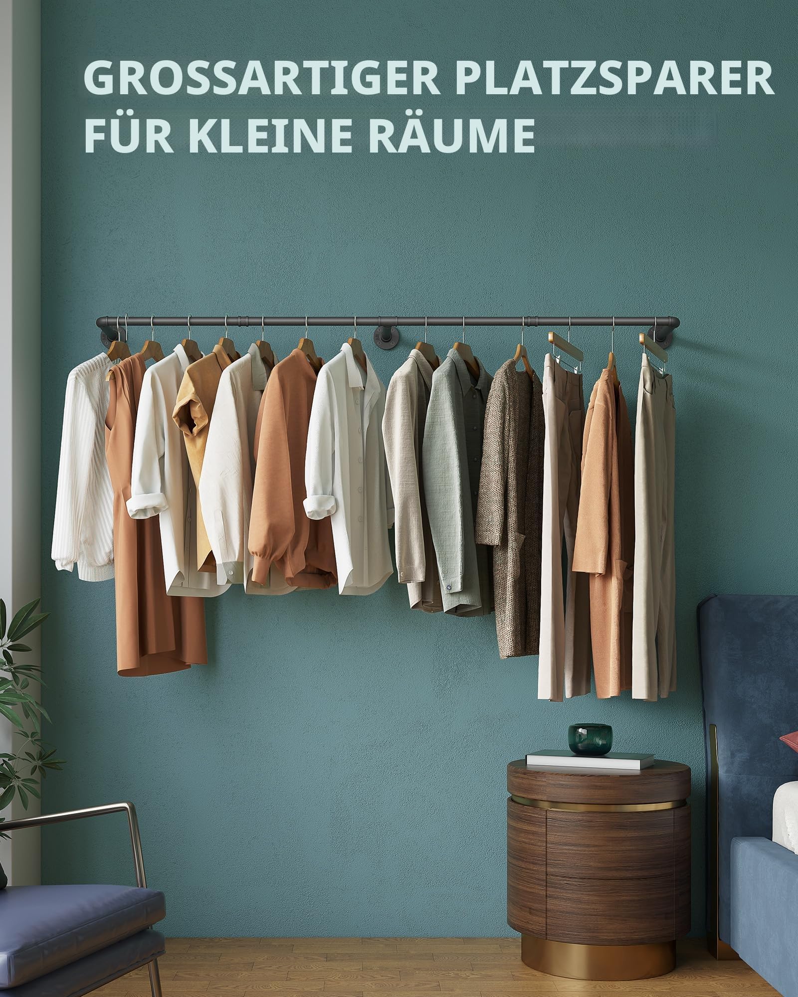 OROPY Industrielle Rohr Kleiderstange, 167 cm Wandmontage Abnehmbare Retro Metall Kleiderstange zum Aufhängen von Kleidung, Robuste Kleiderstange für Schlafzimmeraufbewahrung (3 Basis)