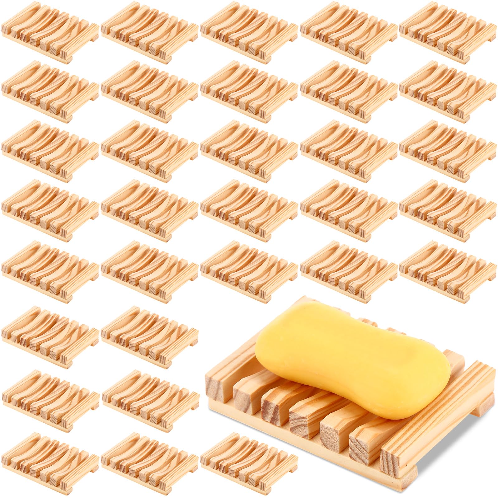 Skylety Jabonera de madera para ducha, jabonera de drenaje, bandeja de jabón para baño, cocina, viaje, esponja, champú, fregadero, 4.5 x 3.1 x 0.9 pulgadas (color madera, 30 piezas)