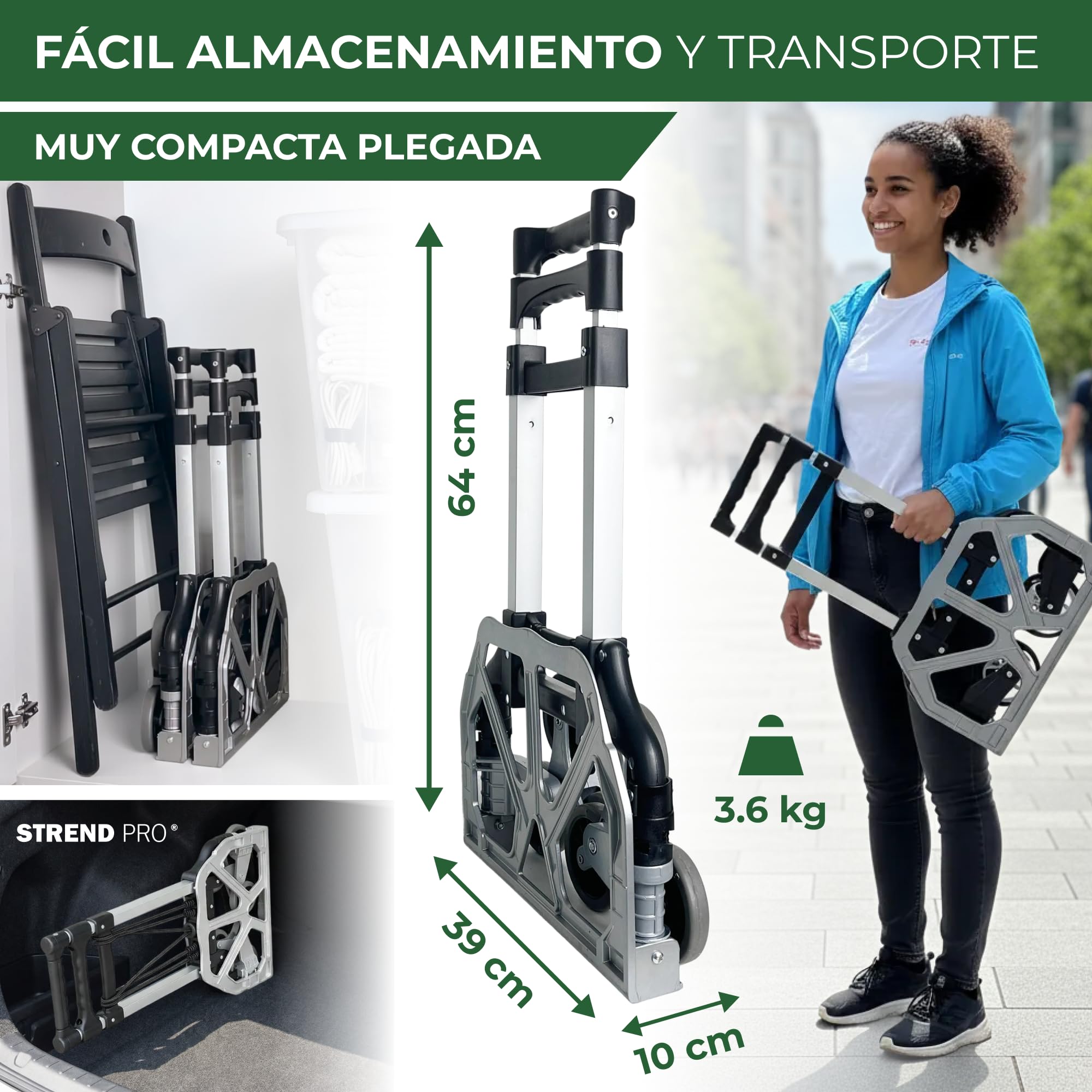 STREND PRO Carretilla Sube Escaleras 80kg | Carretilla Plegable con Sistema de 3 Ruedas | Carro Robusto para Escaleras & Peldaños | Carretilla Regulable en Altura & Compacta