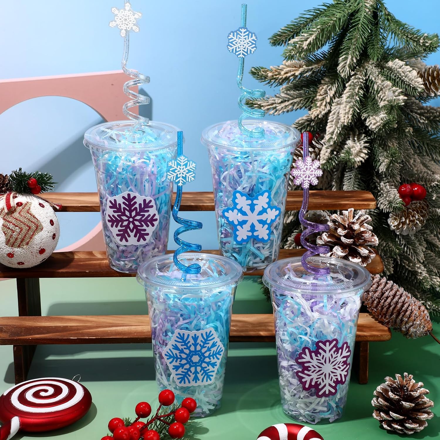 Vesici 124 Pcs Winter Holiday Plastic Cups Bulk with Lids Straws Stickers Raffia Snowflake Plastic Cups Christmas Disposable Clear Mugs Party Favor Holiday Birthday Wedding Party Supplies,24 Sets - Image 4