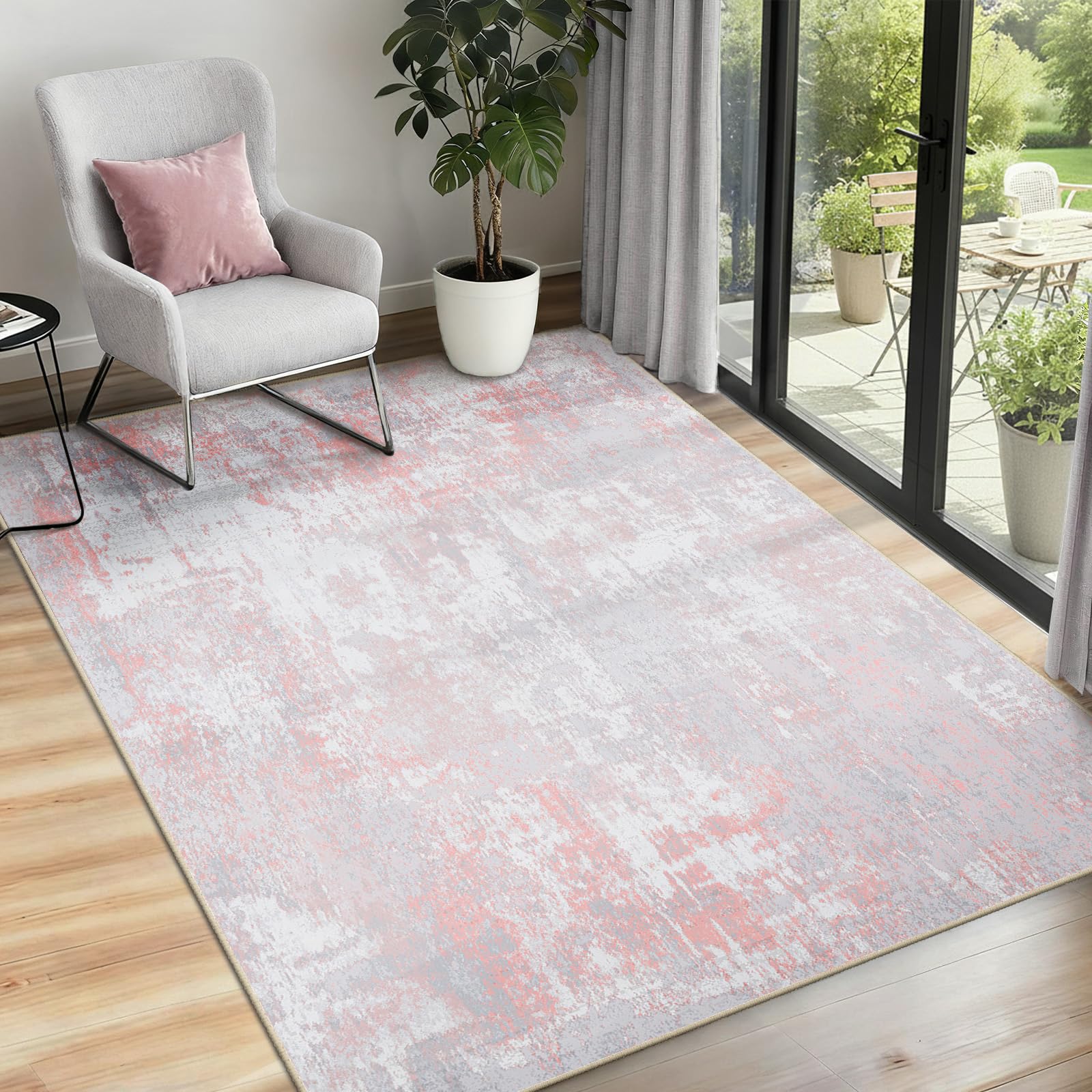 INOVADAY Washable Rugs Living Room 90x150 cm Modern Abstract Rug with Soft Low Pile Vacuum Friendly Non Slip Backing Minimalist Carpet for Lounge Bedroom Dining Room Home Office Pink Grey — image 1