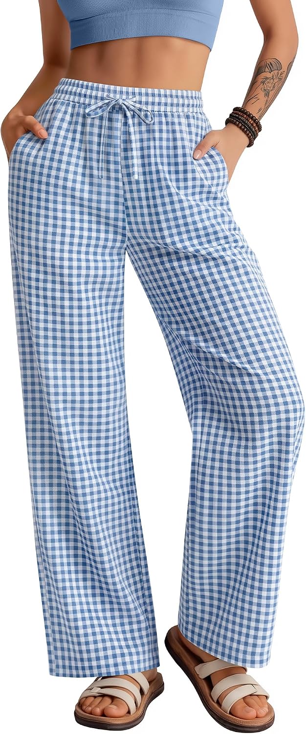 Neer Women's Striped Gingham Pants Cotton Plaid Pajama Lounge Boxer Pants Drawstring Pj Bottoms Wide Leg Trousers with Pocket
