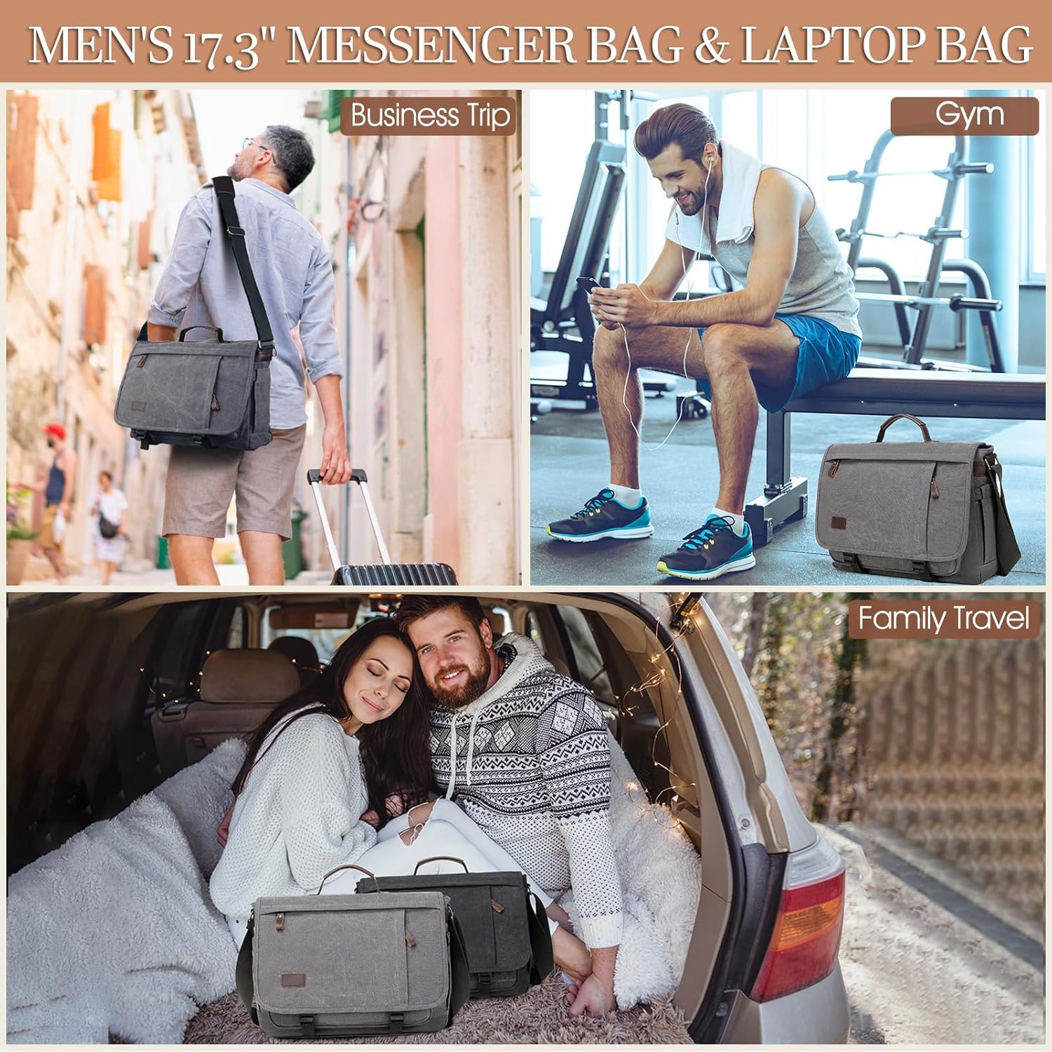 17.3 Inch Messenger Bag for Men: 2PCS Laptop Bag PU Leather Canvas Work Briefcase Large Office