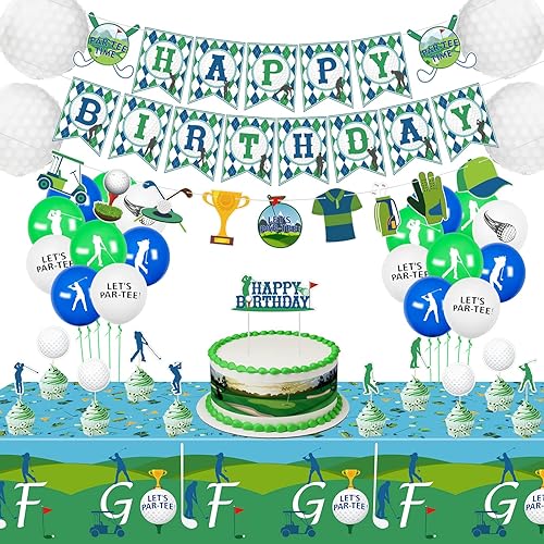 Decoración de fiesta de cumpleaños temática de golf incluye pancarta de feliz cumpleaños mantel globos decoraciones de cupcakes suministros de