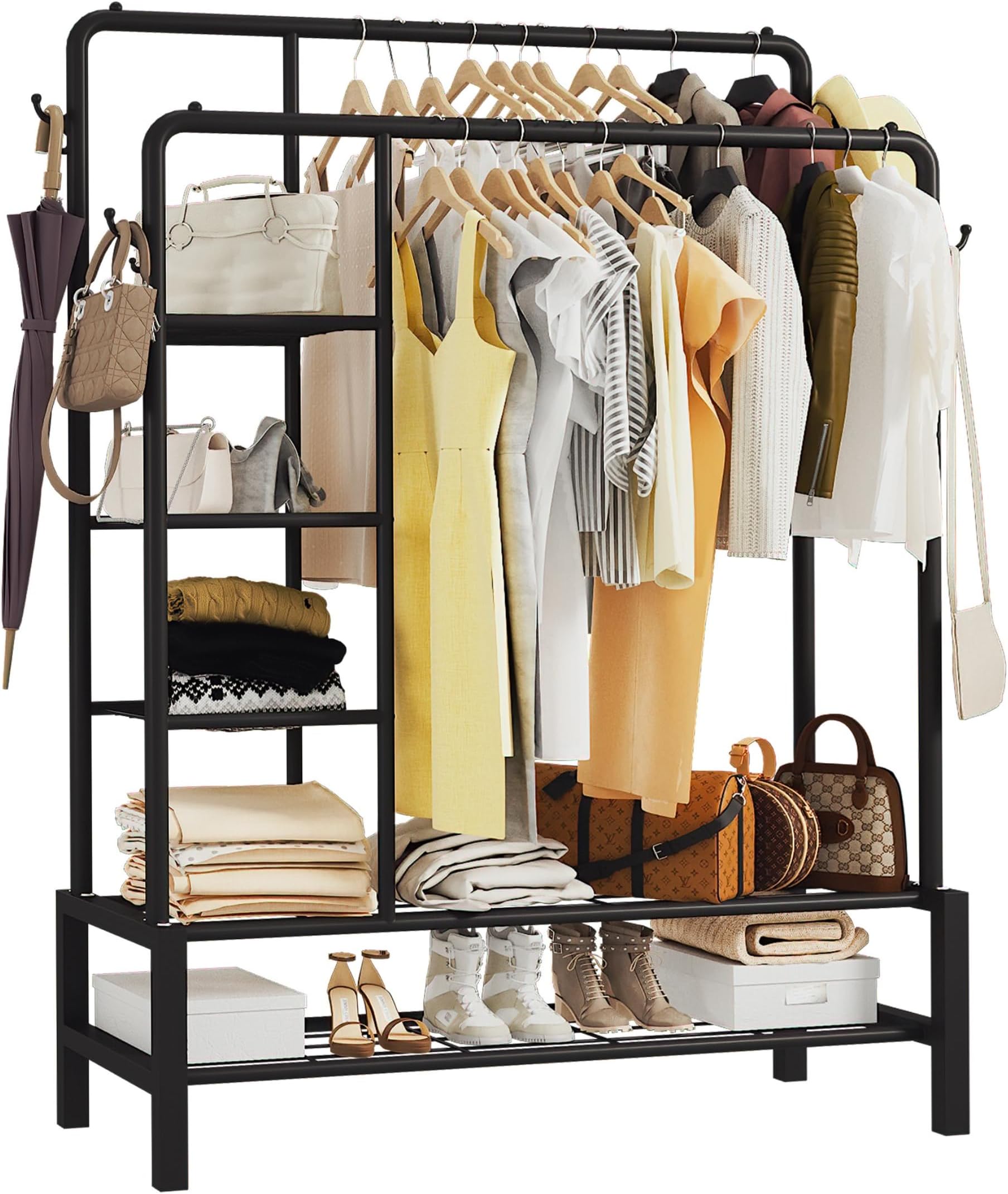 Heavy Duty Clothes Rail, 120KG Black Metal Rack With Double Hanging Clothing Rail, Shoe Rack, Storage Shelves & 4 Coat Hooks, Wardrobe Clothes Rails For Bedroom Office Shop