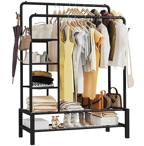 Klass Home Collection Heavy Duty Clothes Rail, 120KG Black Metal Rack With Double Hanging Clothing Rail, Shoe Rack, Storage Shelves & 4 Coat Hooks, Wardrobe Clothes Rails For Bedroom Office Shop - Black
