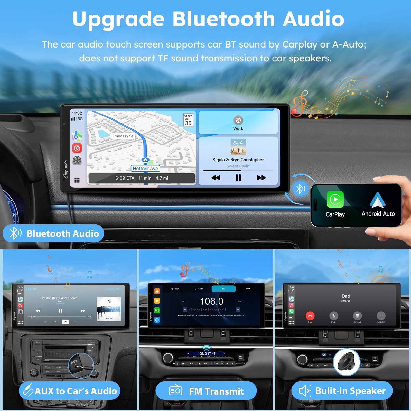 CARPURIDE W903S3 Pantalla HD de 9,3 Pulgadas con CarPlay y Android Auto, Frontal 4K + Trasera 1080p por Cable + cámara infrarroja, grabación en Bucle, GPS, FM, Bluetooth, Super Link