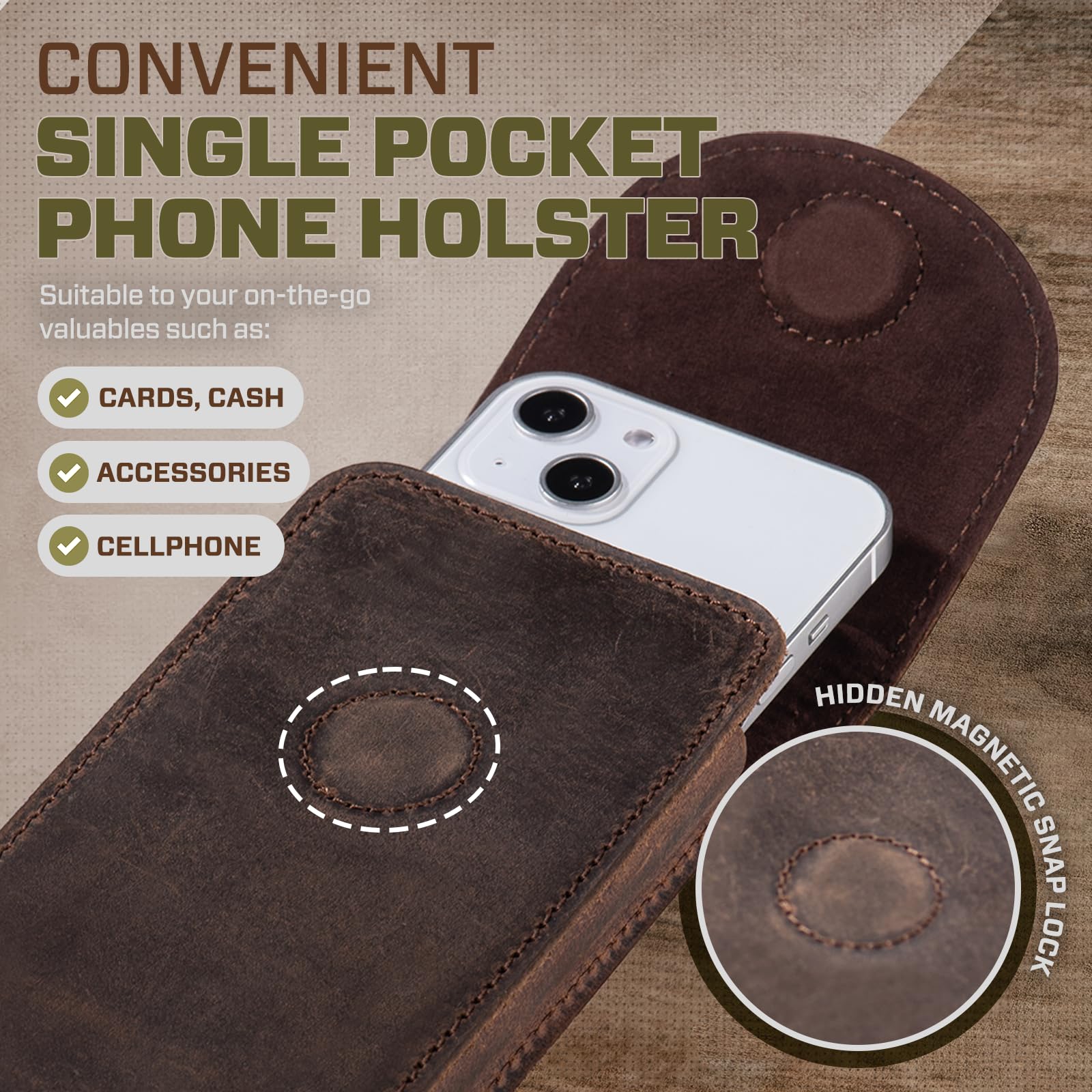 Funda de Cuero Genuino para teléfono Celular, Compatible con iPhone 16, 15, 14, 13 Pro, Samsung Galaxy S25, S24, S23, con Cierre magnético y Clip para cinturón (café)