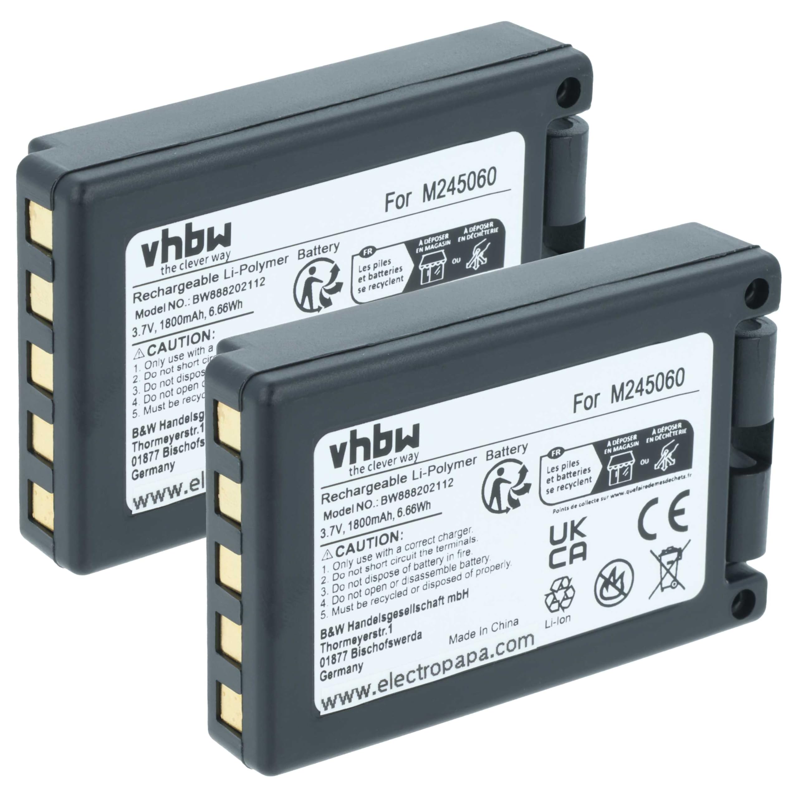 vhbw 2x batteria sostituisce Teleradio M245060, 22.381.2, D00004-02 per Radiocomando Industriale, Telecomando (1800mAh, 3,7V, Li-Poly) - Nero