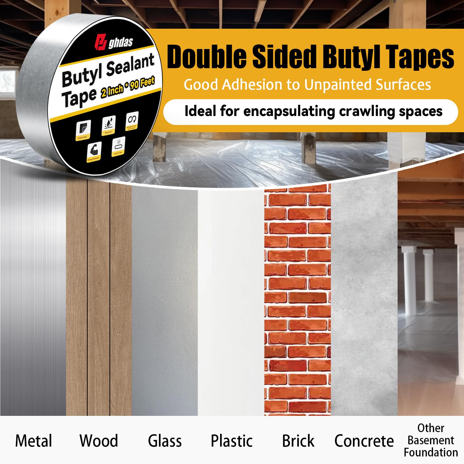 Bghdas - Paquete de 3 cintas selladoras de butilo de 2 pulgadas x 90 pies, doble cara, cinta de butilo de barrera de vapor negra para pared de espacio de arrastre, ventanas de caravana, barco de