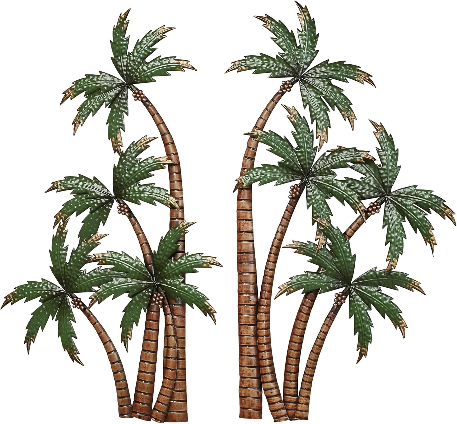 Palm Trees Tropical Metal Wall Art Set of Two | Handpainted Green and Brown Earth Tones | Charming Textured Palm Tree Clusters | Exotic Beach Wall Sculpture Set of 2 | Indoor or Covered Outdoor Use