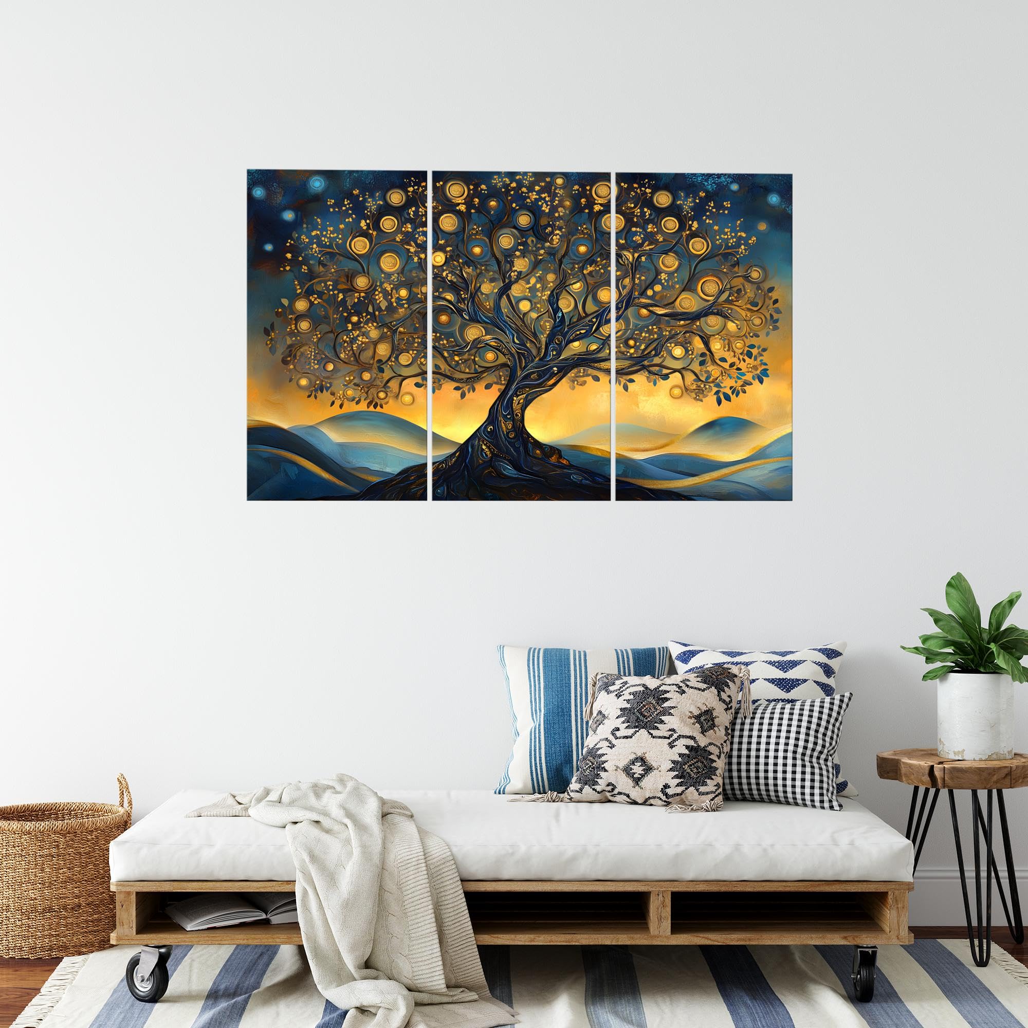 Runa Art Arbre de la vie Peinture Tableau Salon chambre XXL Orange Bleu Abstrait 120 x 80 cm 3 Parties Decoration Murale 054531a