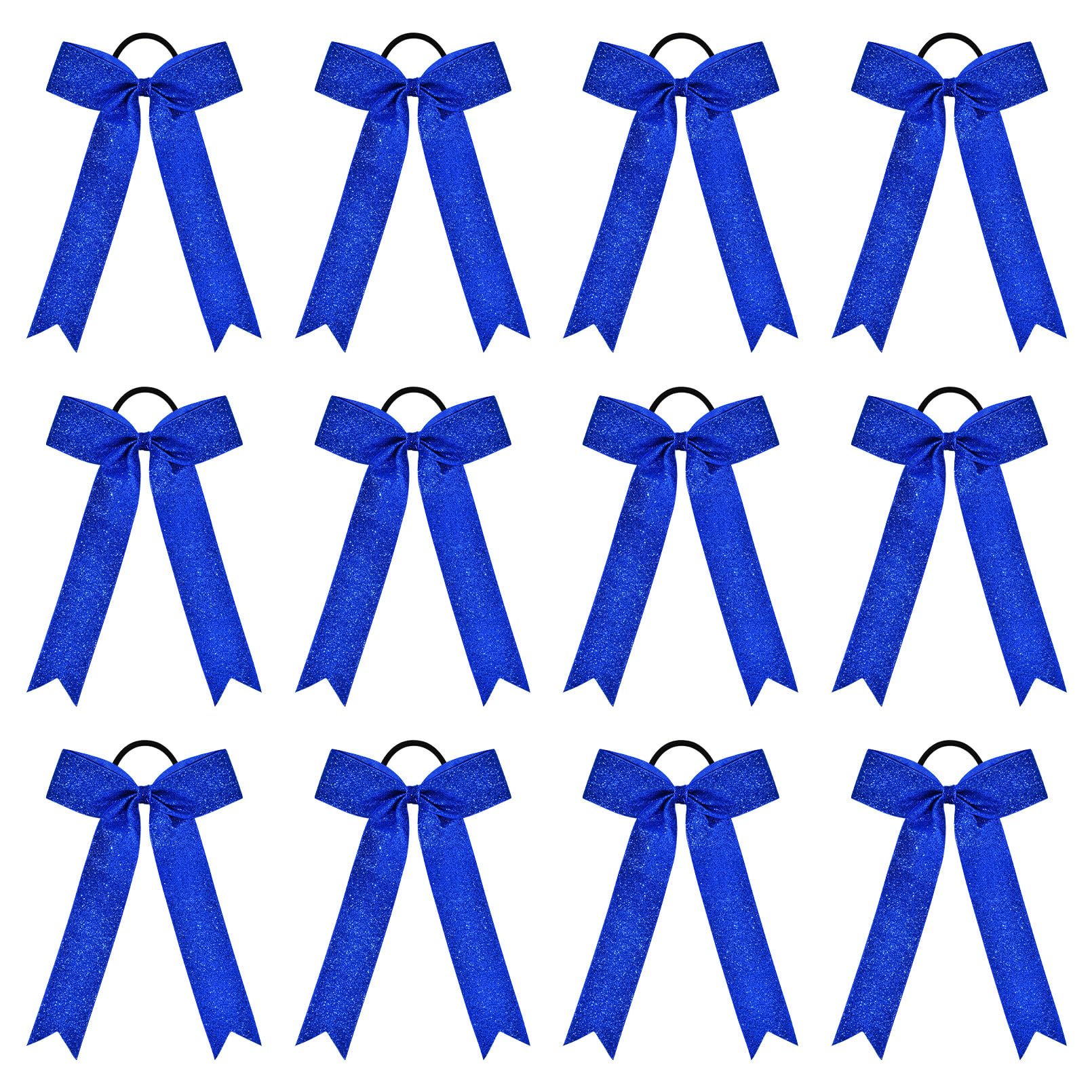 DEEKA Royal Blue Glitter Long Tail Cheer Bows Shiny College Cheerleader Ponytail Holder Bows for Volleyball Softball Girls Pack of 12