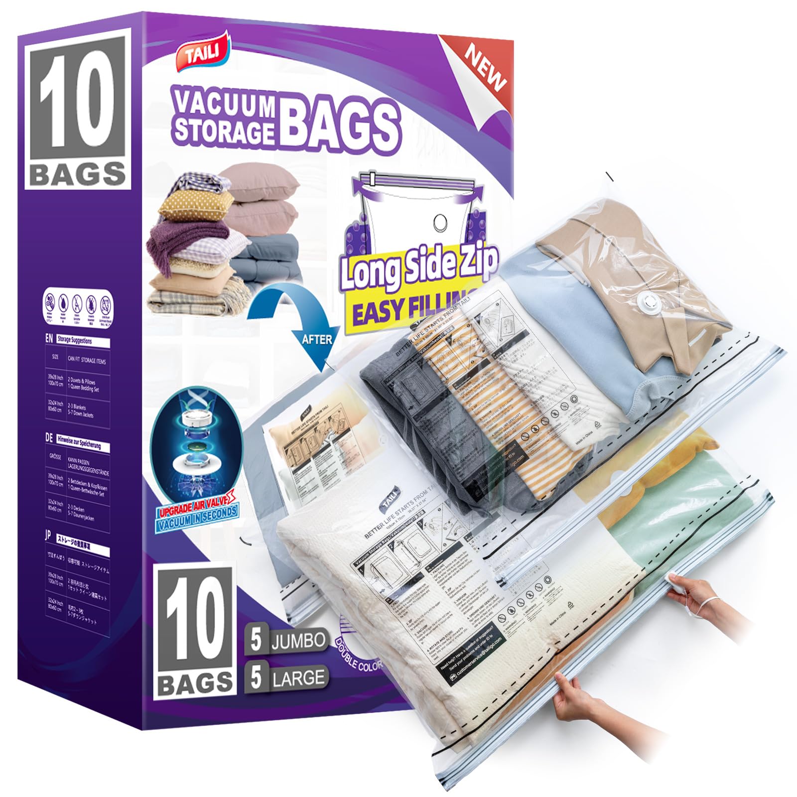 TAILI 10 Pack Vacuum Storage Bags, LONG SIDE ZIP (5 Large+5 Jumbo), Multi-Size Vacuum Seal Bags for Clothing, Storage Bulky Beddings, Comforters and Clothes, Space Saver for Closet Organization