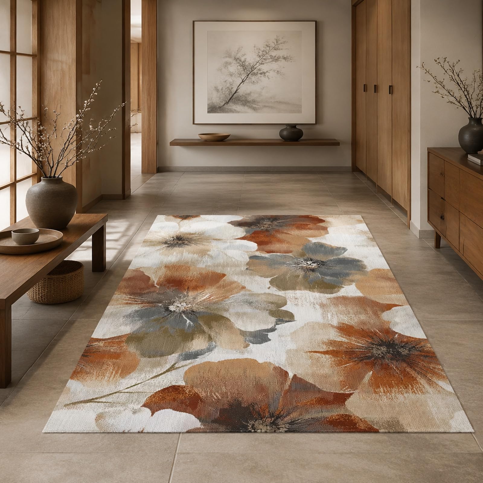 Tapis Chambre, 150 x 200 cm, Motifs Floraux Abstraits Beige Marron Gris Blanc, Tapis Deco Chambre Ado Fille Clean Girl Aesthetic Rugs for Bedroom,