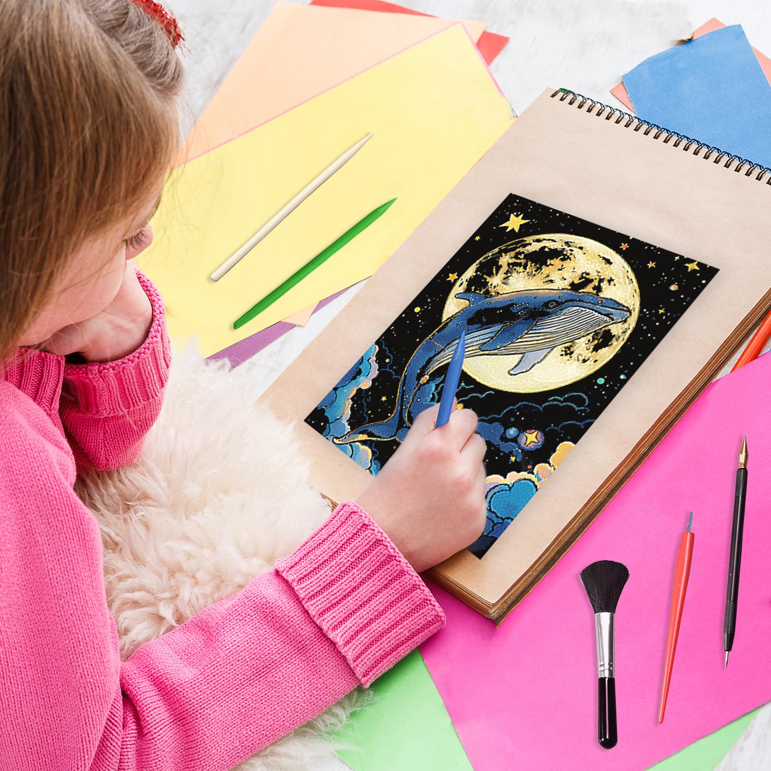 Activités Manuelles Adultes VLYX Dessin à Gratter Pour Adultes Et Enfants - Kit De 12 Feuilles Arc Activite Manuelle Adulte