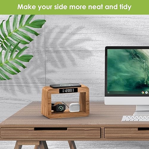 Miniatura 5 de Estación de carga inalámbrica de bambú, luz nocturna con despertador digital, estación de carga de mesita de noche para dispositivos Apple, cargador