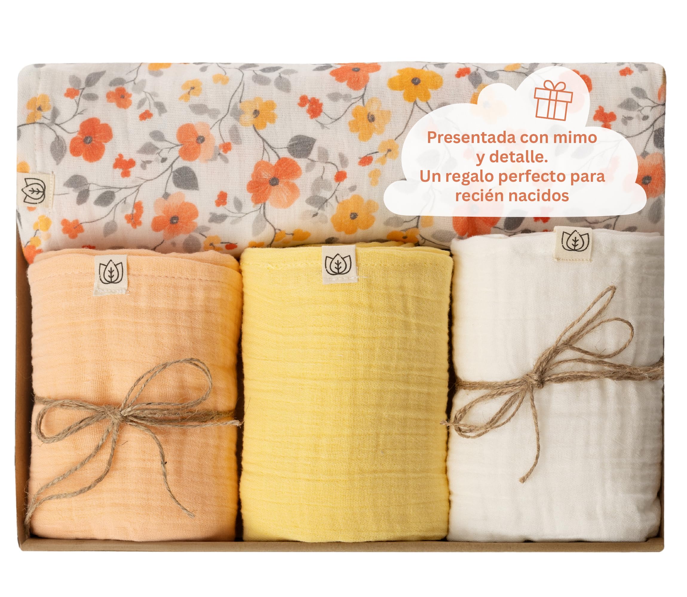 Nayla Muselinas Bebe Algodon 120x120 y 65x65-100% Organico con Gasas Grandes Suaves para Recién Nacido Muy Versátiles como Arrullo para Verano - Manta Ligera Color Amarillo Flores.