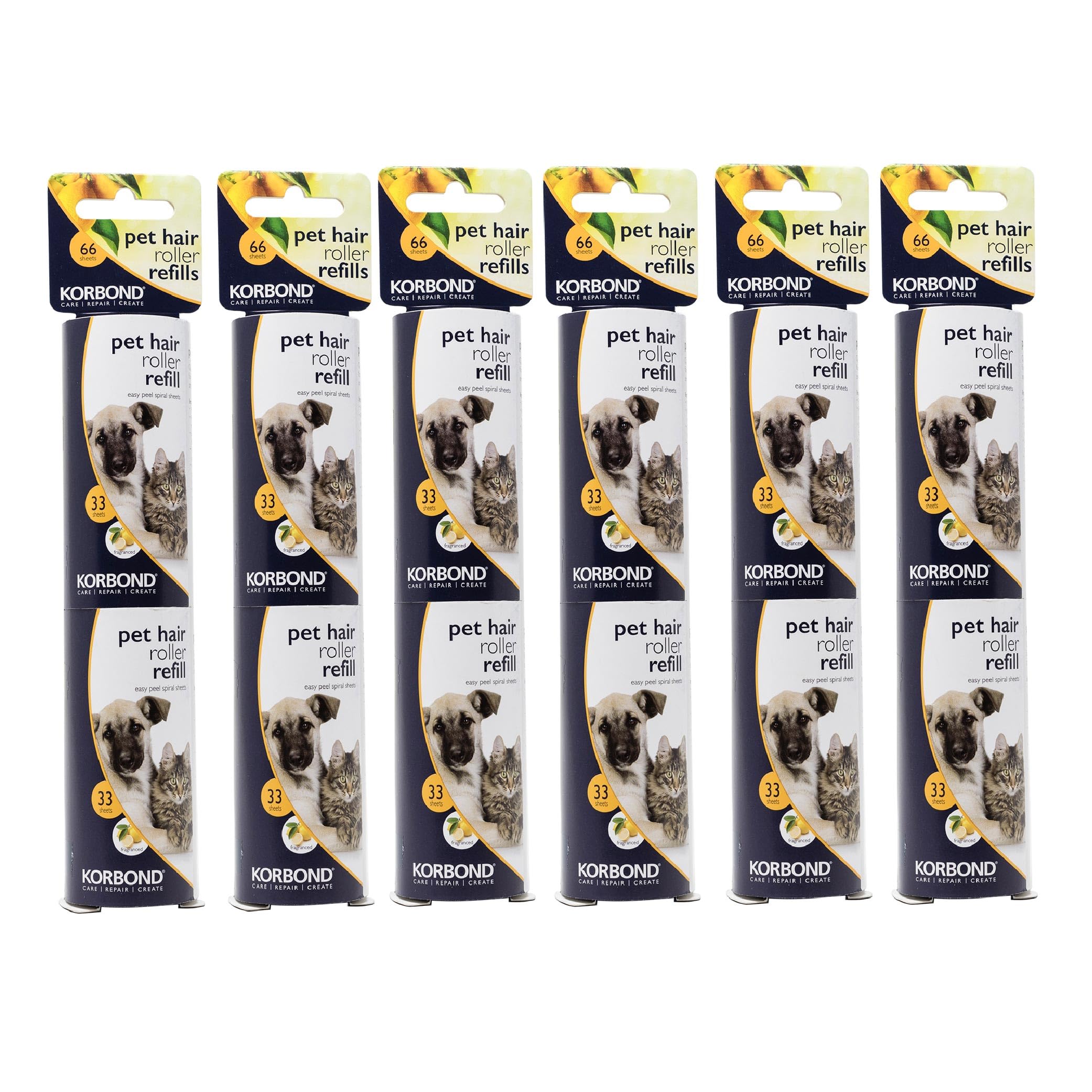 Korbond 12 Pack of 9.8m PET SAFE Lint Roller REFILLS– 396 Sticky Pre-Cut CITRUS SCENTED Sheets- Suitable for ALL FABRIC TYPES - Removes Pet Hair from Furniture and Clothes - Leaves NO RESIDUE