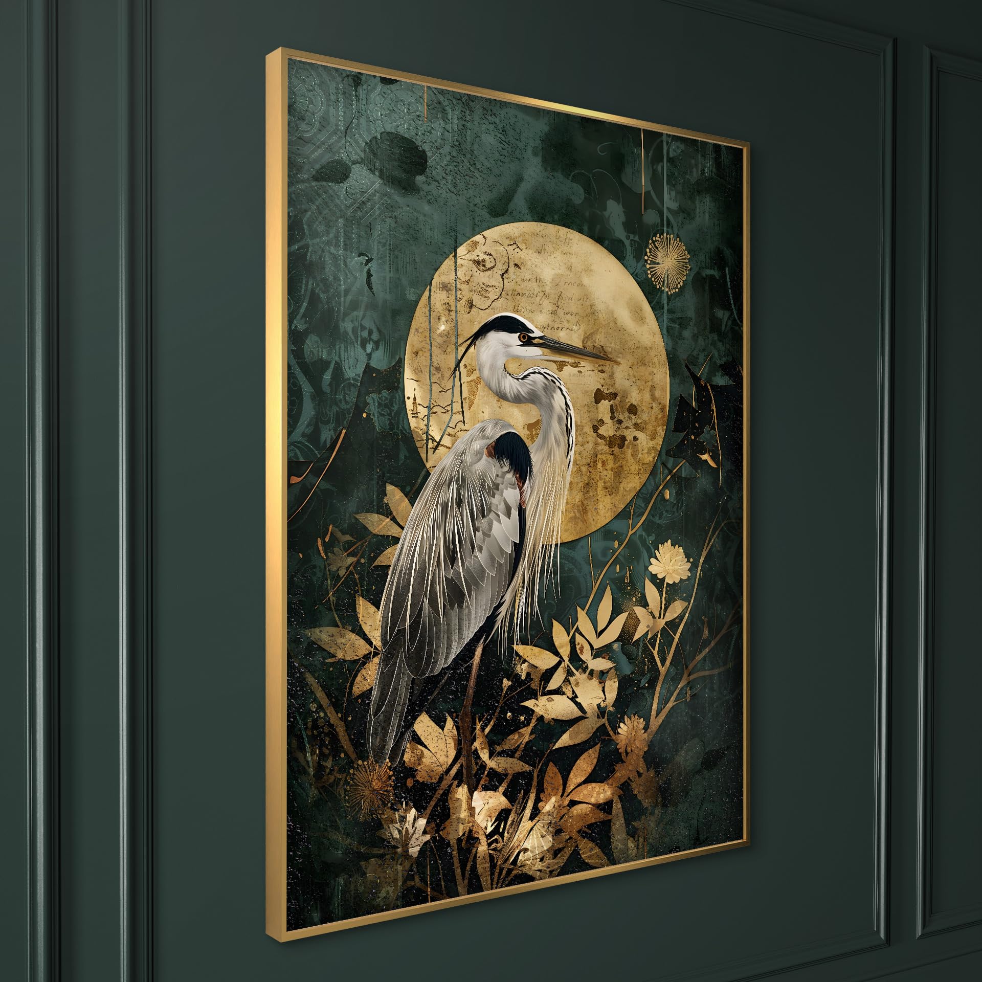 STYLER Bild Golden Sun 50x70 cm mit goldenem Rahmen – Luxuriöses Wandbild für Ihr Zuhause – Reiher Gold Dunkelgrün Modern Minimalistisch Deko