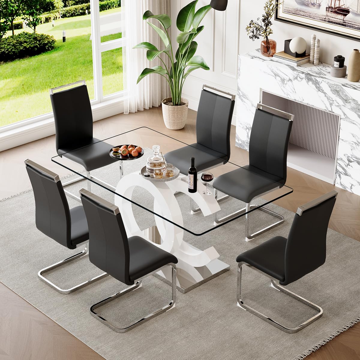 63'' Glass Dining Table Set for 6, Kitchen Table Chairs Set of 6, Clear Glass Dining Table with White unique design Leg and Silver Metal Base, 6 PU