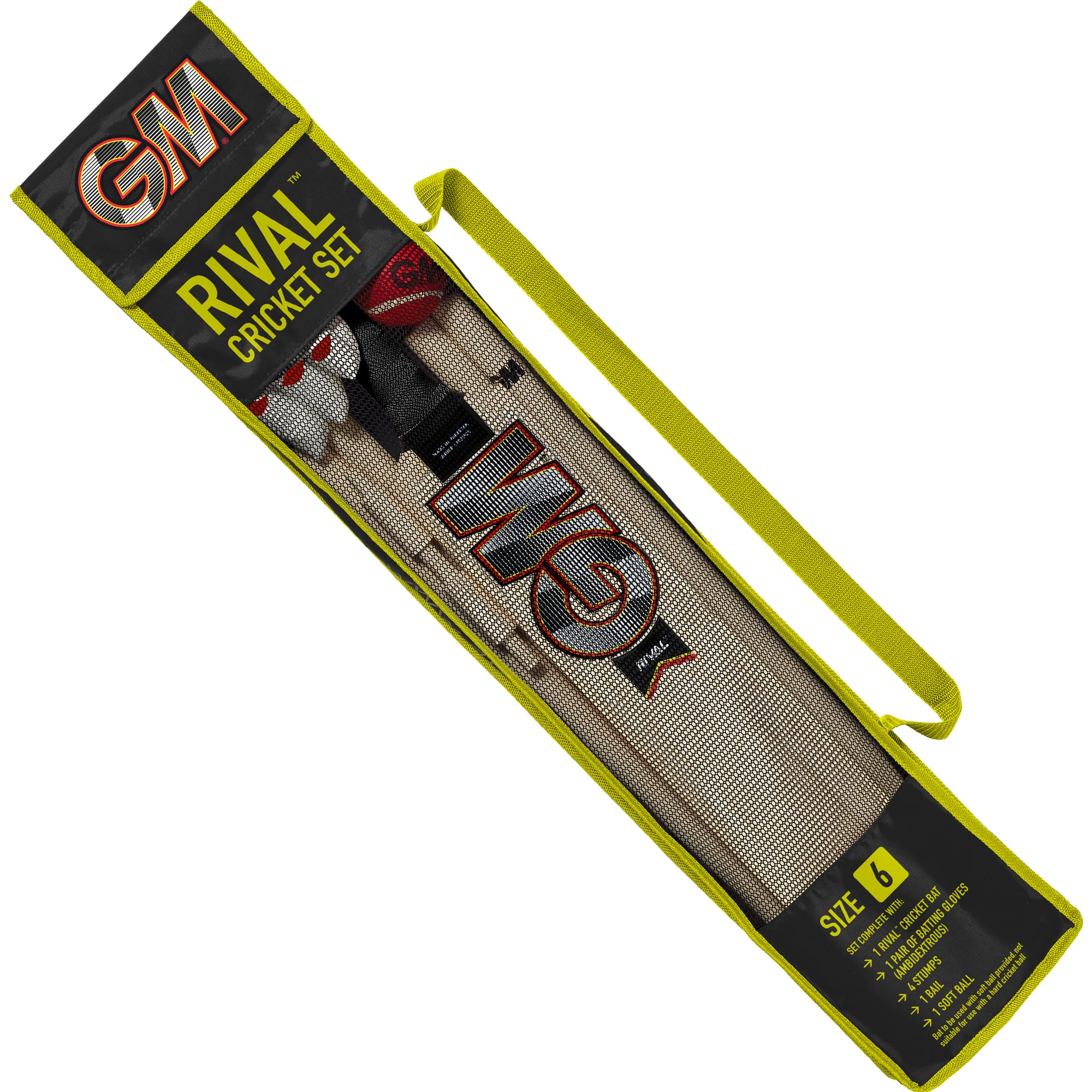 GM | Rival Ensemble de cricket en bois | 1 batte Rival, 1 paire de gants de frappe, 1 balle de tennis rouge souple, 4 souches et 1 bélière | Sac de transport | Taille 4 adaptée pour les joueurs de 144