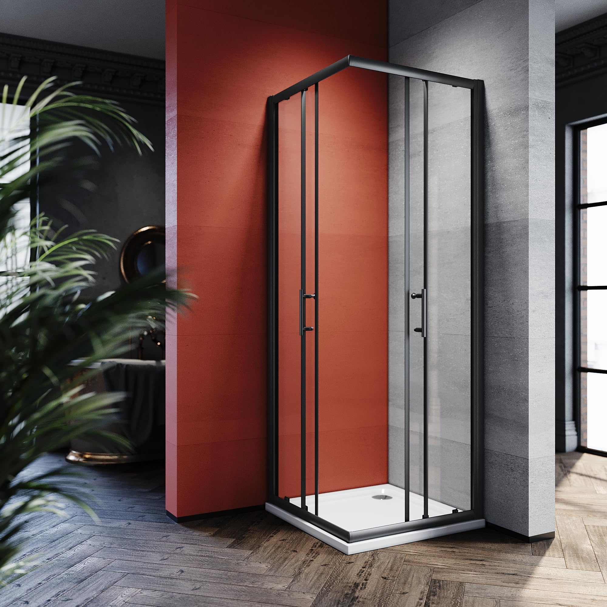 SONNI Cabine de douche d'entrée d'angle 76 x 76 x 195 cm, portes coulissantes, verre trempé de 5 mm, noir | Douche d'angle moderne avec profilés noirs, poignée en H et portes coulissantes pour une utilisation confortable.