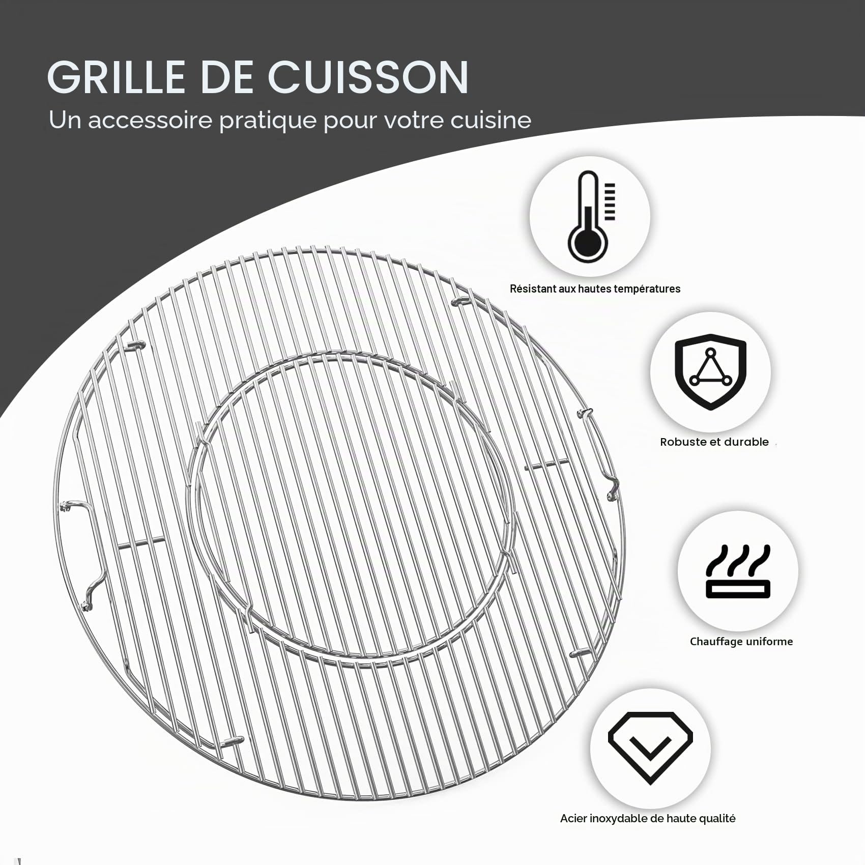 onlyfire Grille Barbecue, Ø 54,5 cm, Grille de Cuisson avec Poignée, INOX, Double Ouverture, Grille Amovible pour Pierres à Pizza, Poêle à Frire, pour Weber 57 cm Barbecue à Charbon de Bois