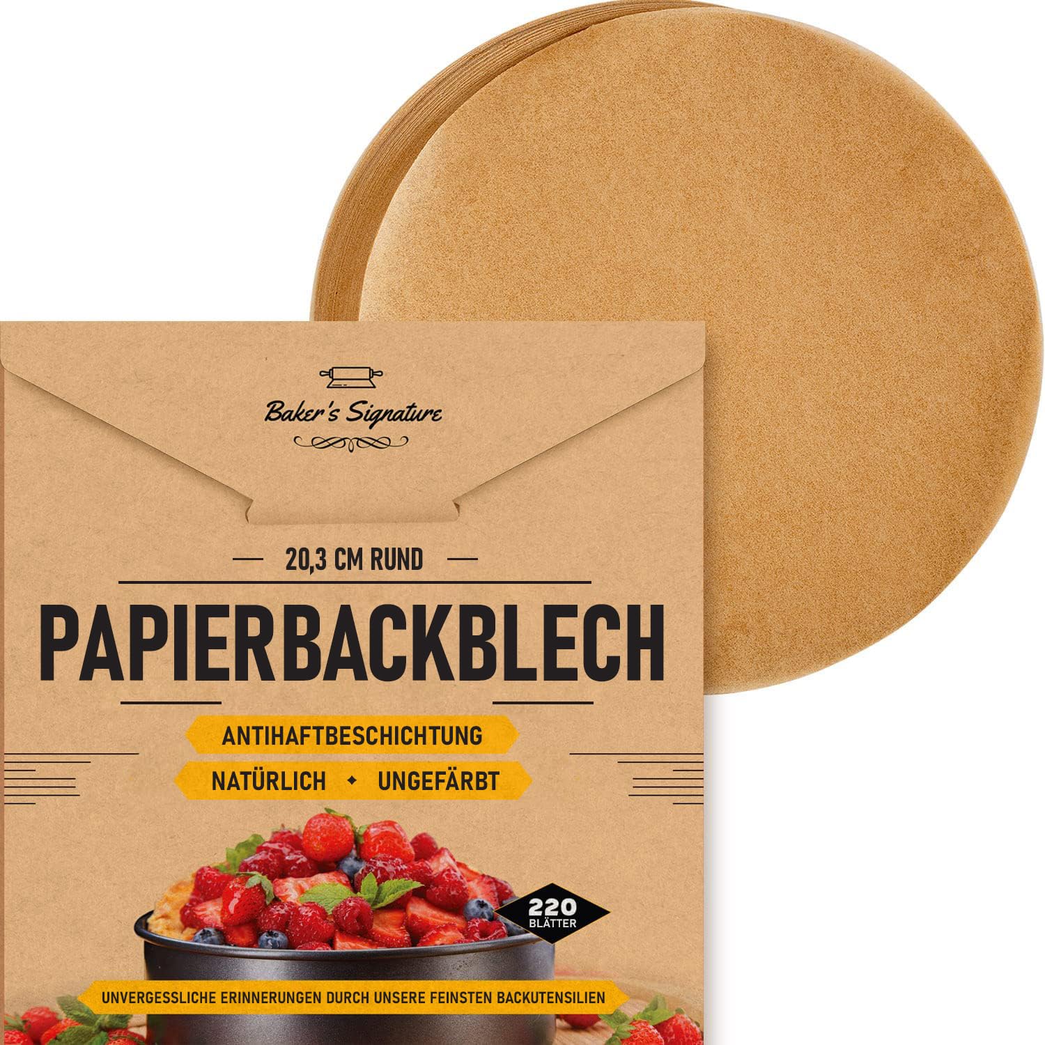 Backpapier Rund 20 cm, 220 Stück, Tortenpapier zum Backen | Ungebleichte Papiereinlagen, passen auf 20 cm Springform und Pfanne; ideal zum Kochen und Braten