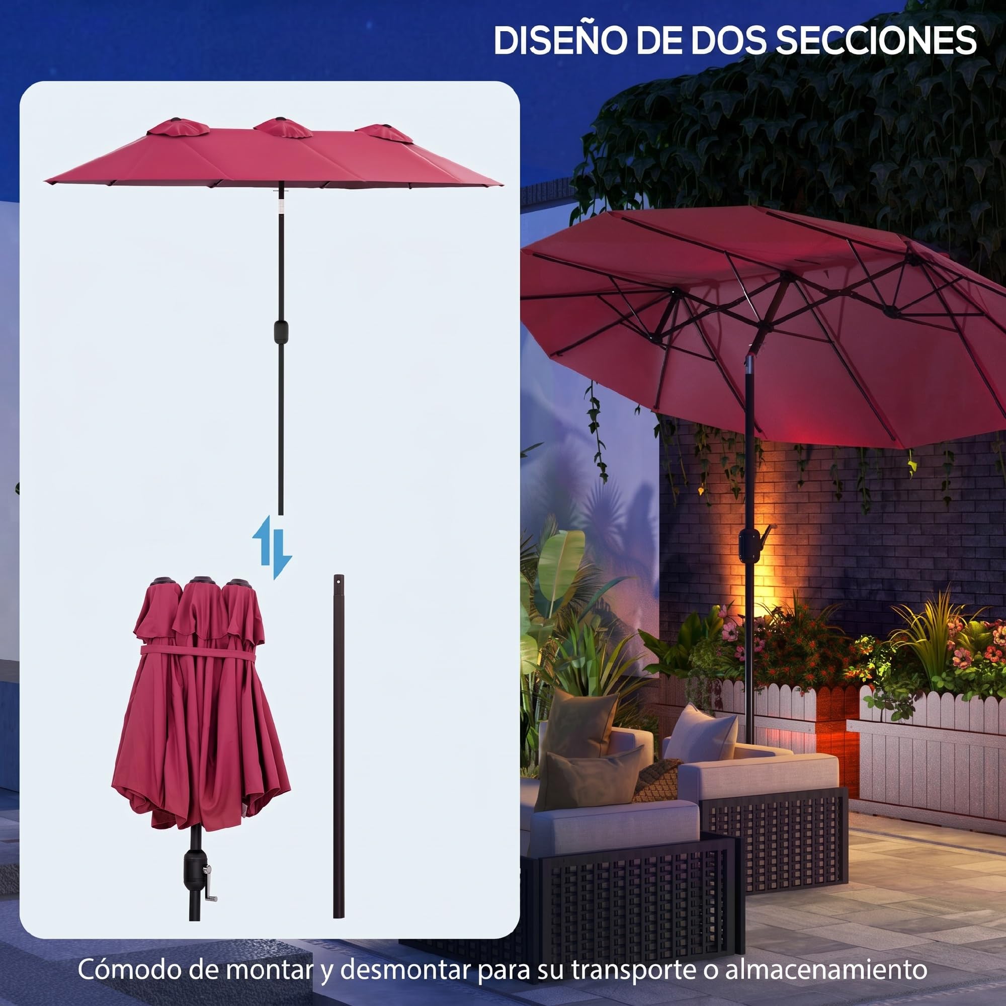 Outsunny Sombrilla Doble 2,95x1,52m Inclinación 45° Manivela Rojo Vino | Sombrilla Terraza Exterior, Manivela Manual, Ventilación, Impermeable, Parasol Jardín Piscina