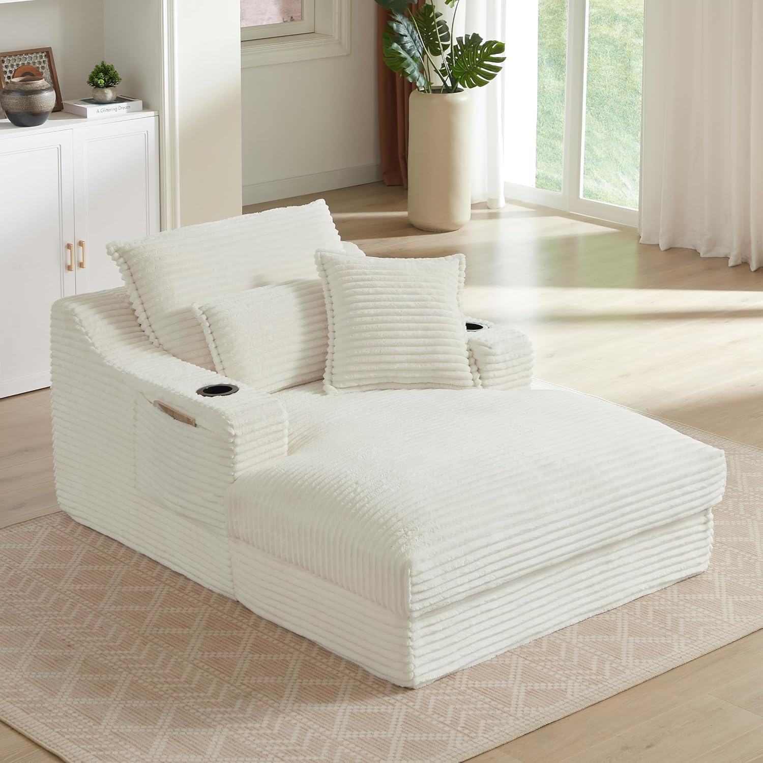 47" Oversized Chaise Lounge Sofa, Boneless Sleeper Sofa Couch with Cupholders and 3 Throw Pillows, Deep Seat Lazy Lounger Chair Cloud Couch Bed for Living Room (White, 47.2" Lounge Chair)