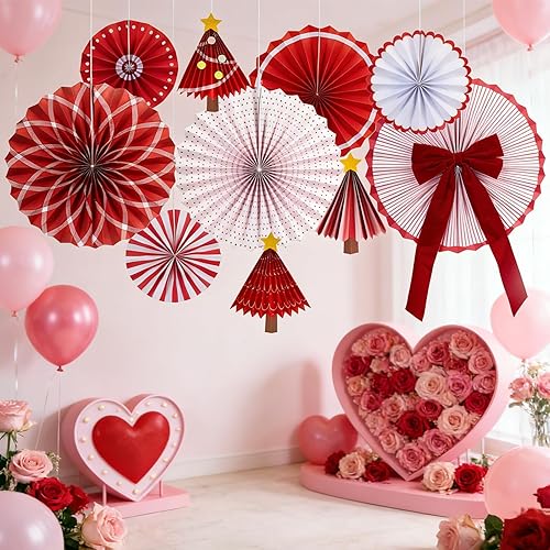 Miniatura 5 de Decoración de abanico de papel de Navidad, decoraciones de sombrero de Papá Noel, divertidos abanicos de papel colgantes rojos con estrellas doradas