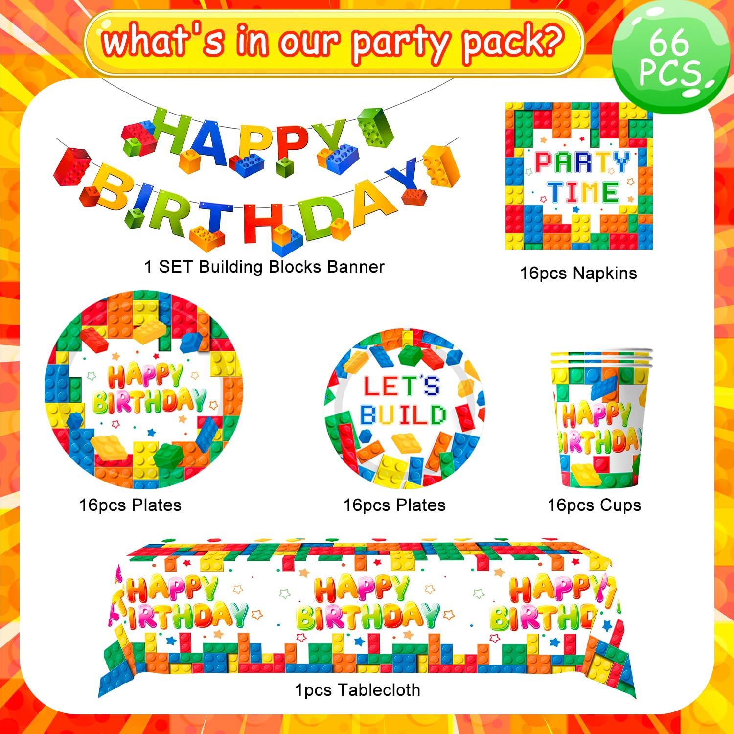 Blocchi di Costruzione Stoviglie per Feste, 16 Ospiti Building Block per Feste Set Building Block Banner di Compleanno Piatti Tazze Tovaglioli Tovaglie etc Stoviglie per Feste di Compleanno