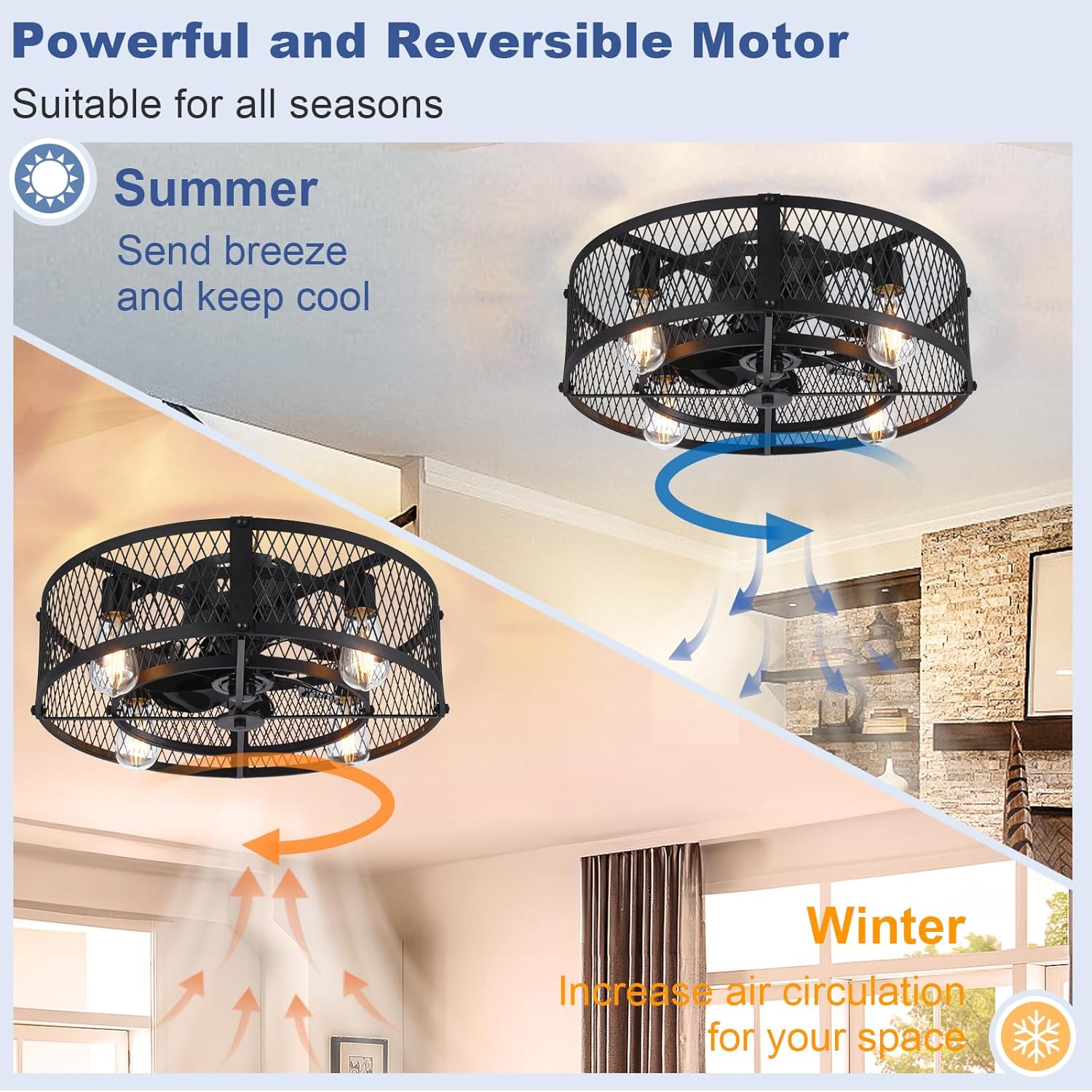 Caged Ceiling Fan with Light: 20 Inch Ceiling Fan with Remote APP Control Quiet DC Motor - Farmhouse Ceiling Fans for Rustic Kitchen Bedroom (E26 Bulbs Included)