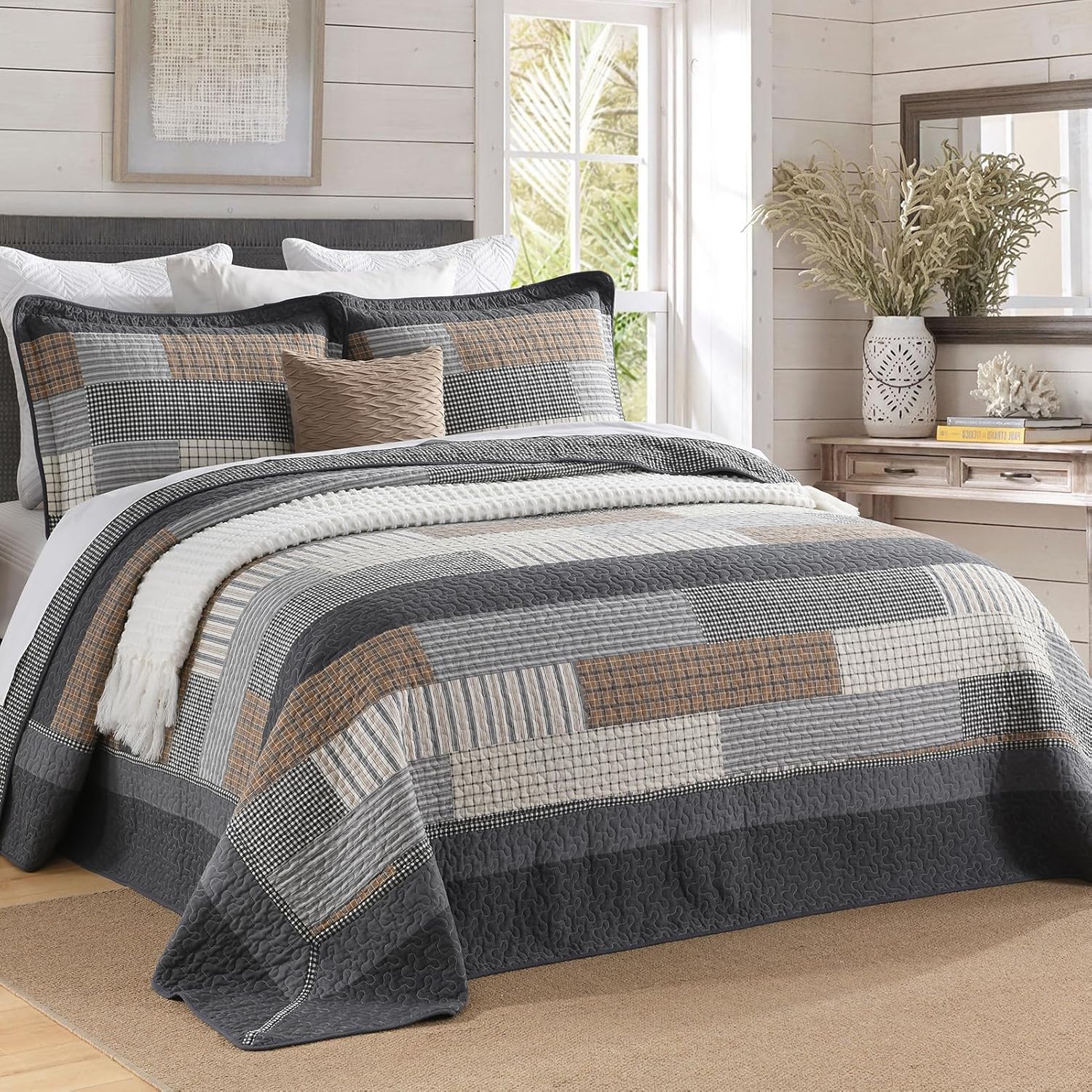 120"x120" Cotton Oversized King Bedspread Coverlet, Gray Plaid Extra Large Quilt Set with Pillow Shams, Lightweight Farmhouse Reversible Quilted Bedspreads, All Season, 3 Piece - Image 3