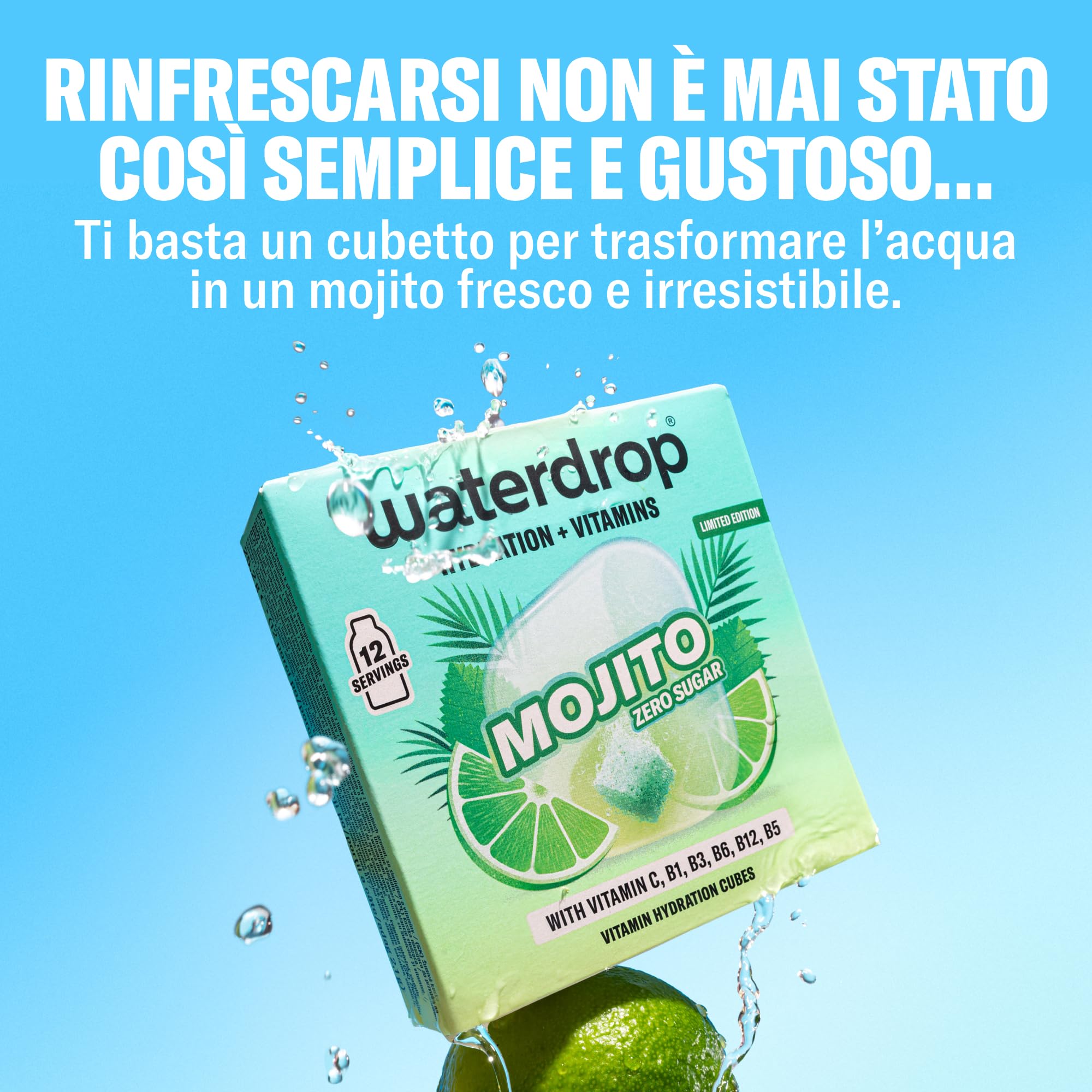 waterdrop® Mojito Set - Cubetti per Acqua - 36 Cubi Mojito, Fragola & Mora - Bevanda Analcolica Zero Alcol - Alternativa Analcolica all’Acqua Tonica - Senza Zucchero con Vitamine C & B12