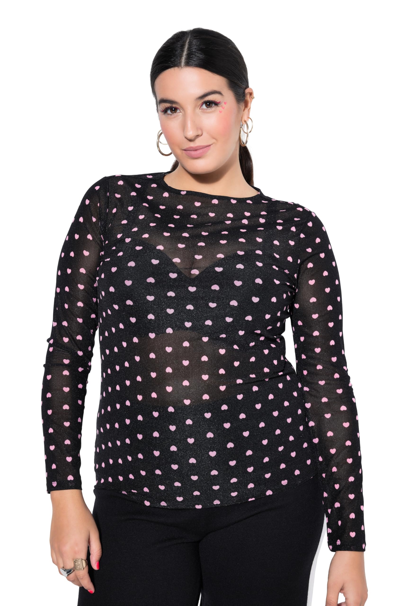 Studio Untold Damen große Größen Übergrößen Plus Size Shirt, Slim Shape, Mesh, Langarm, Herzen 848339