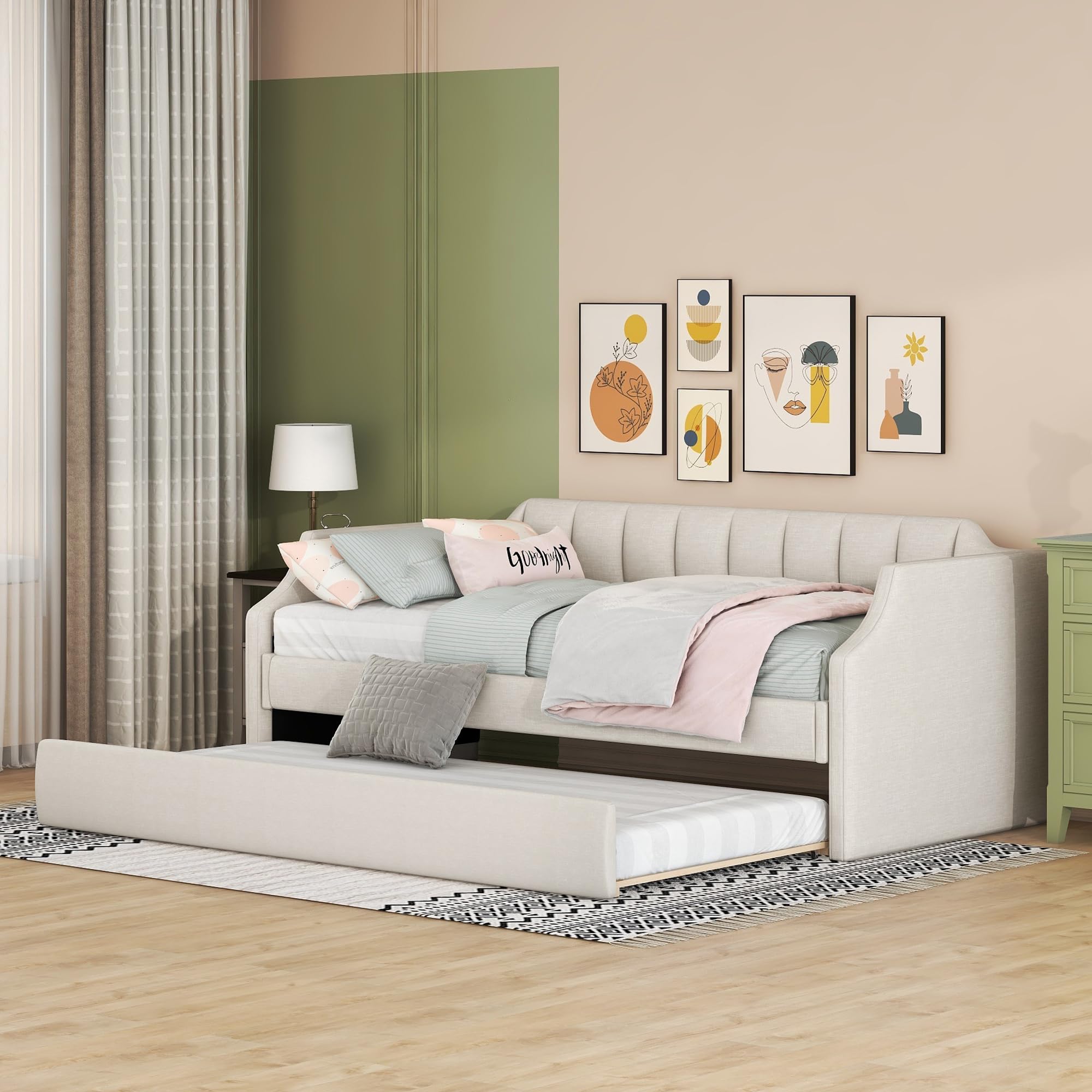 Azkoeesy Letto imbottito 90 x 200 cm, divano letto con secondo letto estraibile, con rete a doghe, lettino per bambini, max 120 kg, rivestimento in lino (beige), WX602