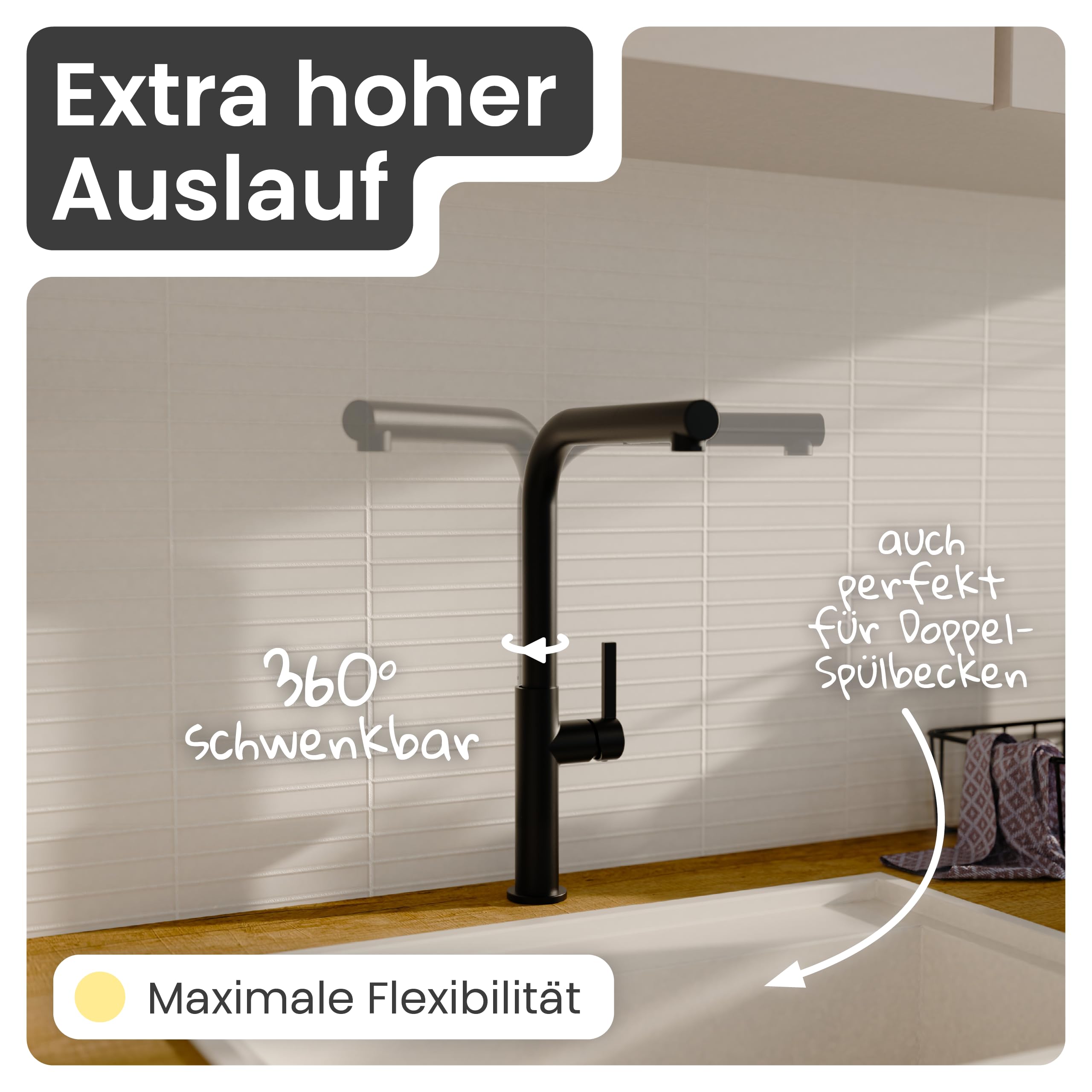 instmaier Cassia | Küchenarmatur | Hochdruck | ausziehbar | Schwarz | Wasserhahn Küche | Mischbatterie | mit herausziehbarem Auslauf | schwarz matt | 360° schwenkbar | instmaier Cassia |