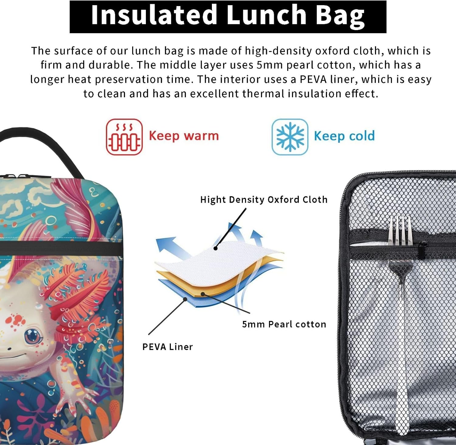Axolotl Insulated Lunch Box for Women Men Axolotl Lunch Bag for Work,Picnic,Travel,Hiking,Beach or Fishing Polyester Axolotl Lunch Box