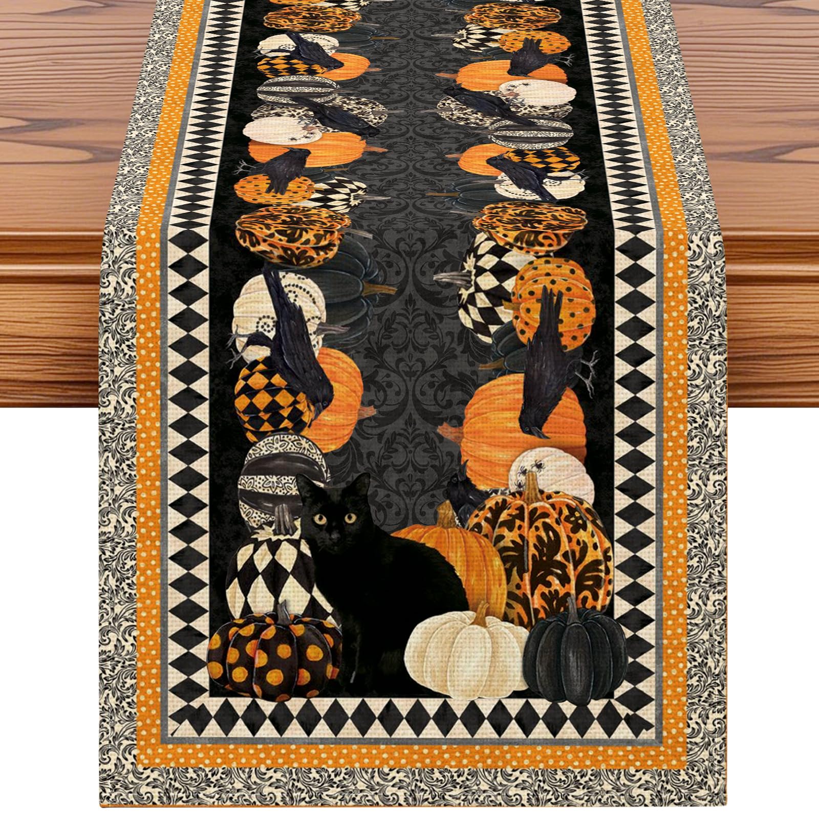 Artscope Black Cat Pumpkin Crow Table Runner Halloween Holiday with Black Gold Geometry Pattern Seasonal Kitchen Dining Table Runner Decoration for Home Fall Party Decor 40x300 cm