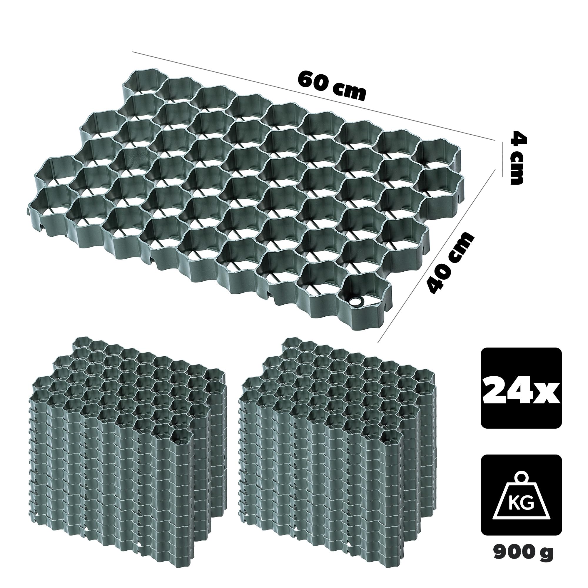 KADAX Placas de plástico, 60 x 40 cm, 6 m˛, 2 Colores, Capacidad de Carga de hasta 1000 toneladas, Rejilla de césped con Puntos Antideslizantes, (Verde, Rectangular, 24 Unidades)