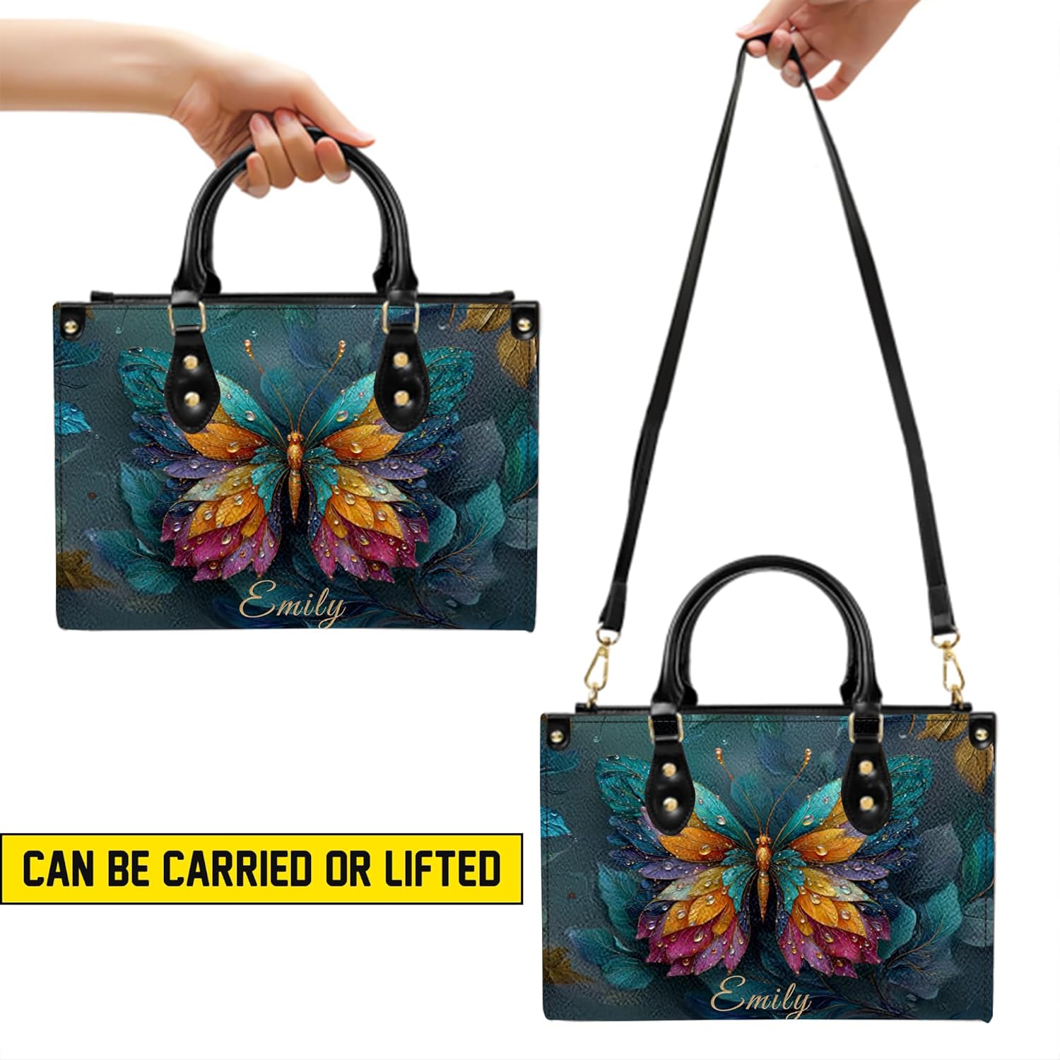 Personalized 3D Effect Gothic Butterfly Leather Handbag for Women, Custom Name Elegant Purse, Artistic Butterfly Tote Bag