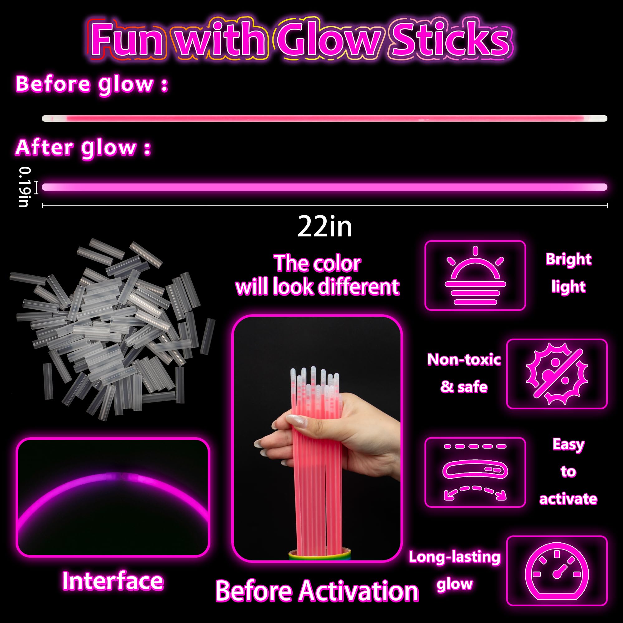 Paquete de 100 varillas brillantes rosas de 22 pulgadas a granel, suministros de fiesta extralargos que brillan en la oscuridad, pulseras y collares ultra brillantes para Halloween, alternativas de