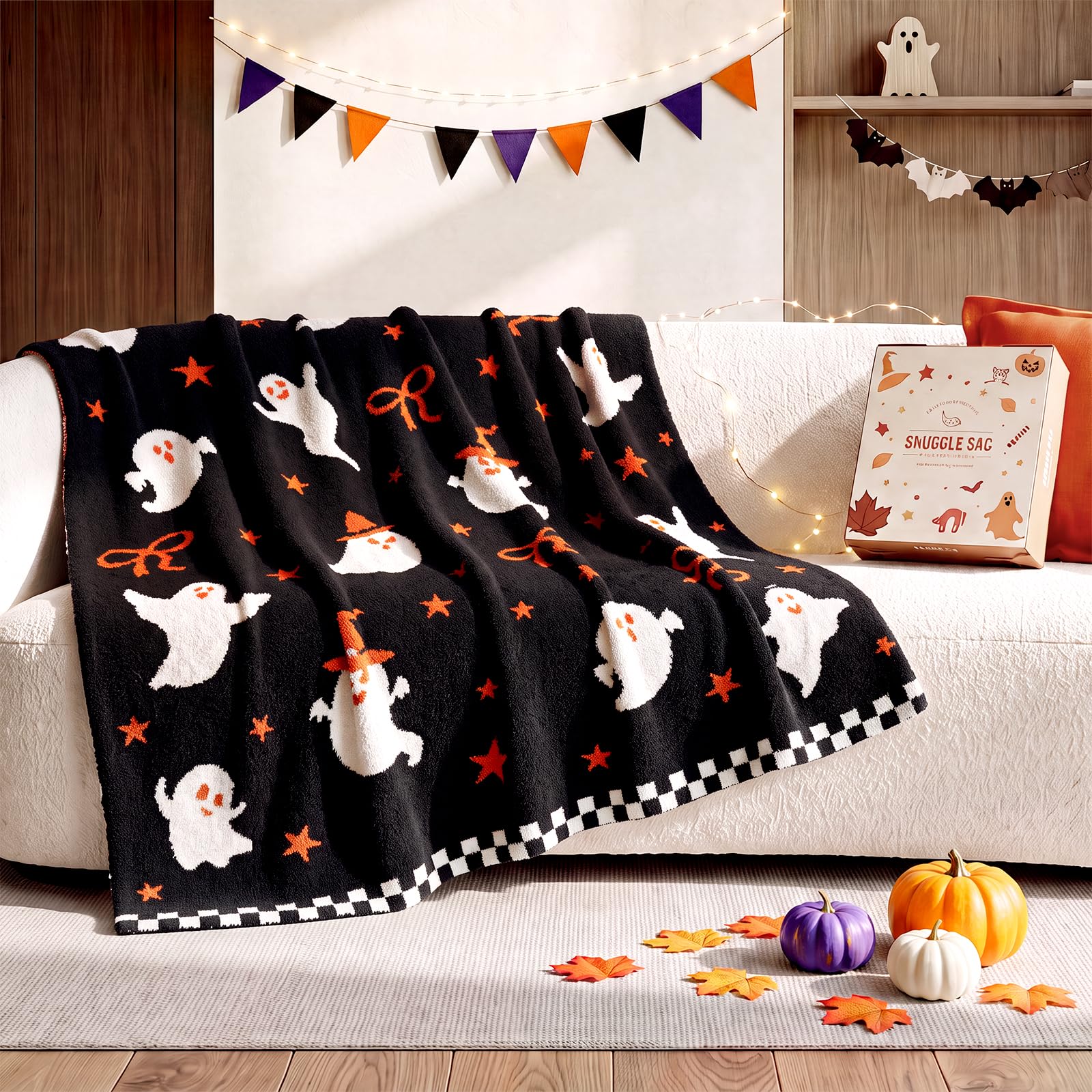 Snuggle Sac Halloween Throw Blanket, Black Ghost Blanket, Orange Bow Throw Blanket for Couch 50x60 inches, Ultra Soft Halloween Blanket for Decor & Gifts