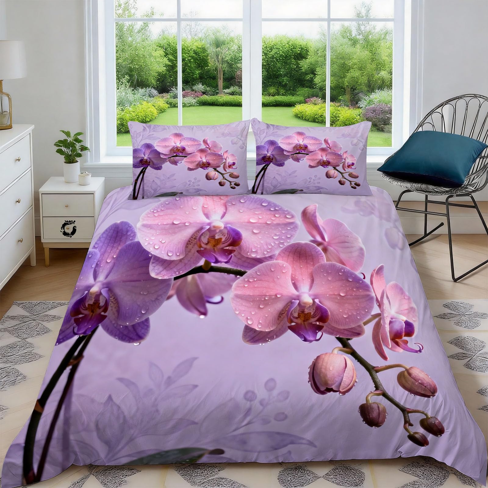 Generisch Bettwäsche 200x200 Phalaenopsis Orchidee Bettwäsche-Sets Einfach 3D Druck Bettbezug Weiche Mikrofaser 3 Teilig Bettbezüge mit Reißverschluss und 2 Kissenbezug 80x80cm