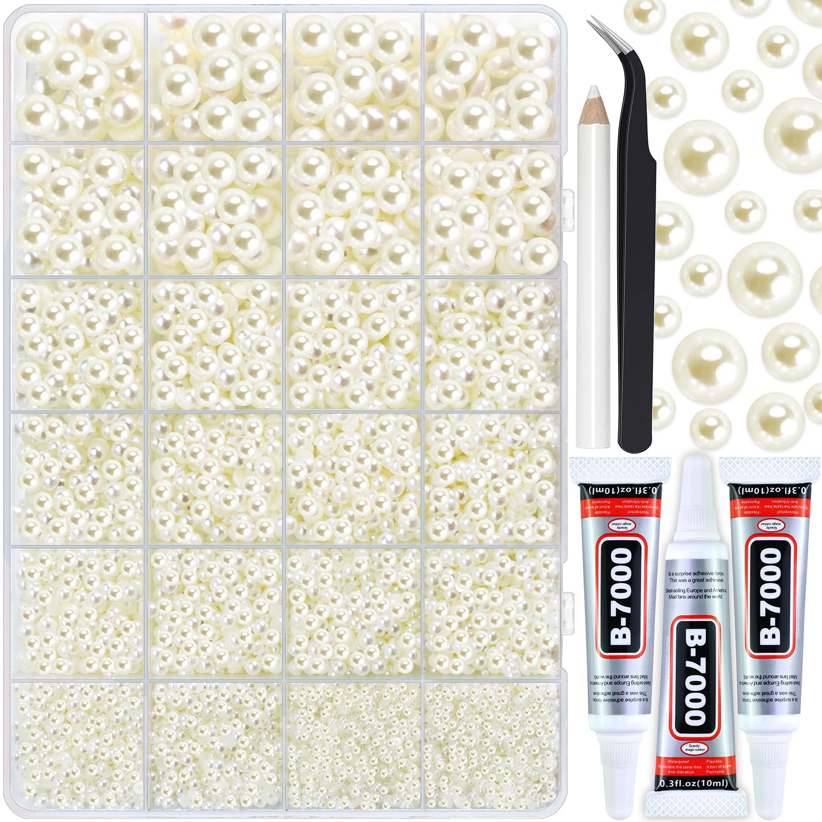 Briskbloom 10000PCS Ivory Flatback Pearls, Mixed 2mm 3mm 4mm 5mm 6mm 8mm 10mm Faux ABS Half Pearls for Crafts Tumblers Shoes Cabs Cabochons Nails,